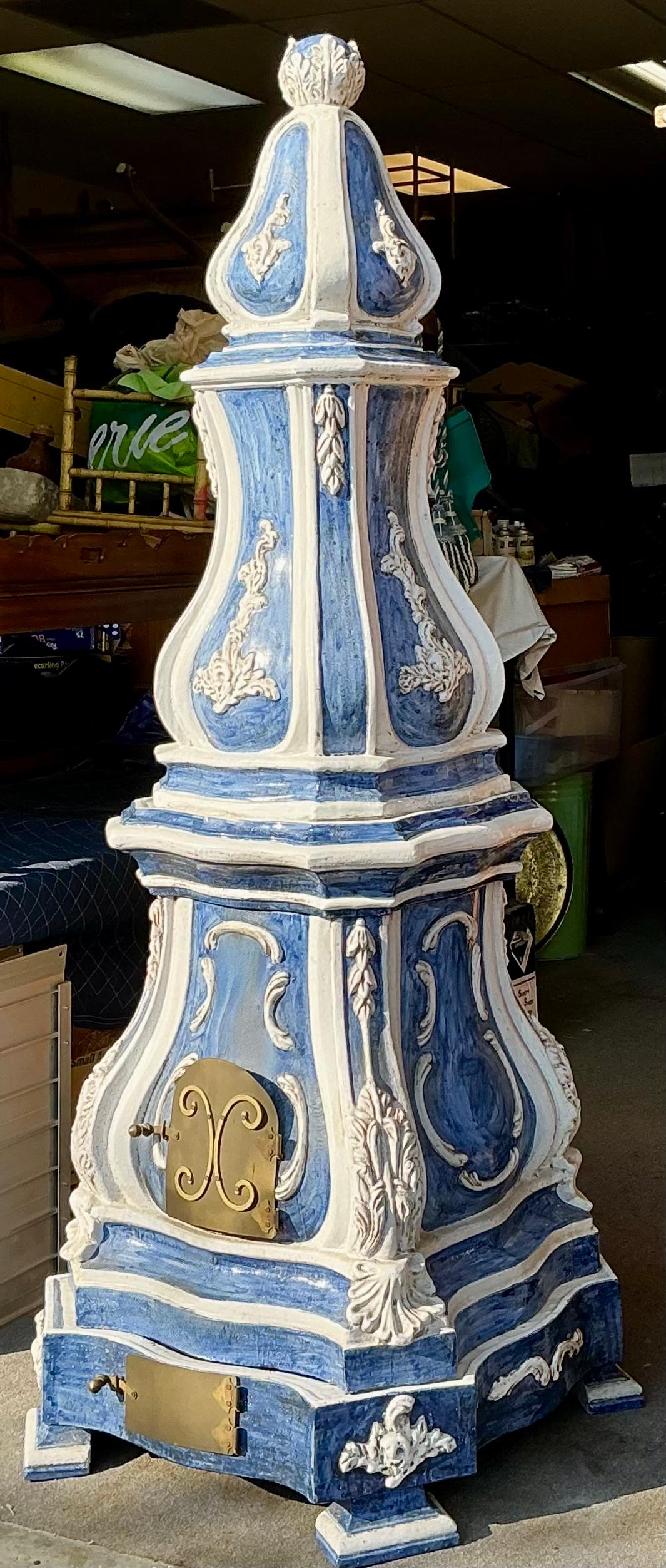 19th-C. French Terracotta Pottery Blue & White Majolica Glazed Stove / Obelisk For Sale 1