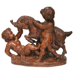 19th C. French Terracotta Sculpture of Cherubs and Goat Signed P. De Leonardi