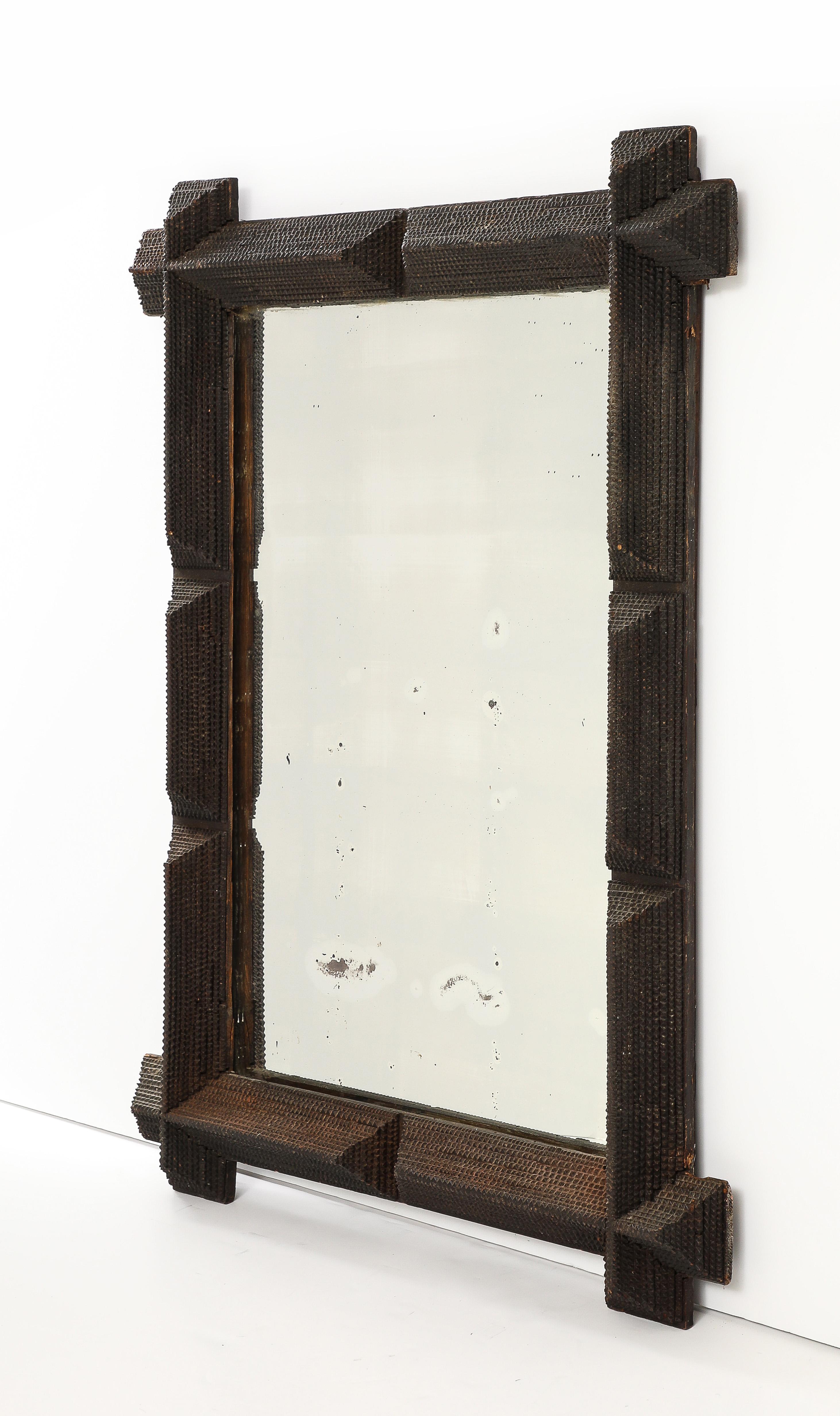 19th C. French Tramp Art Mirror with Old Glass For Sale 5