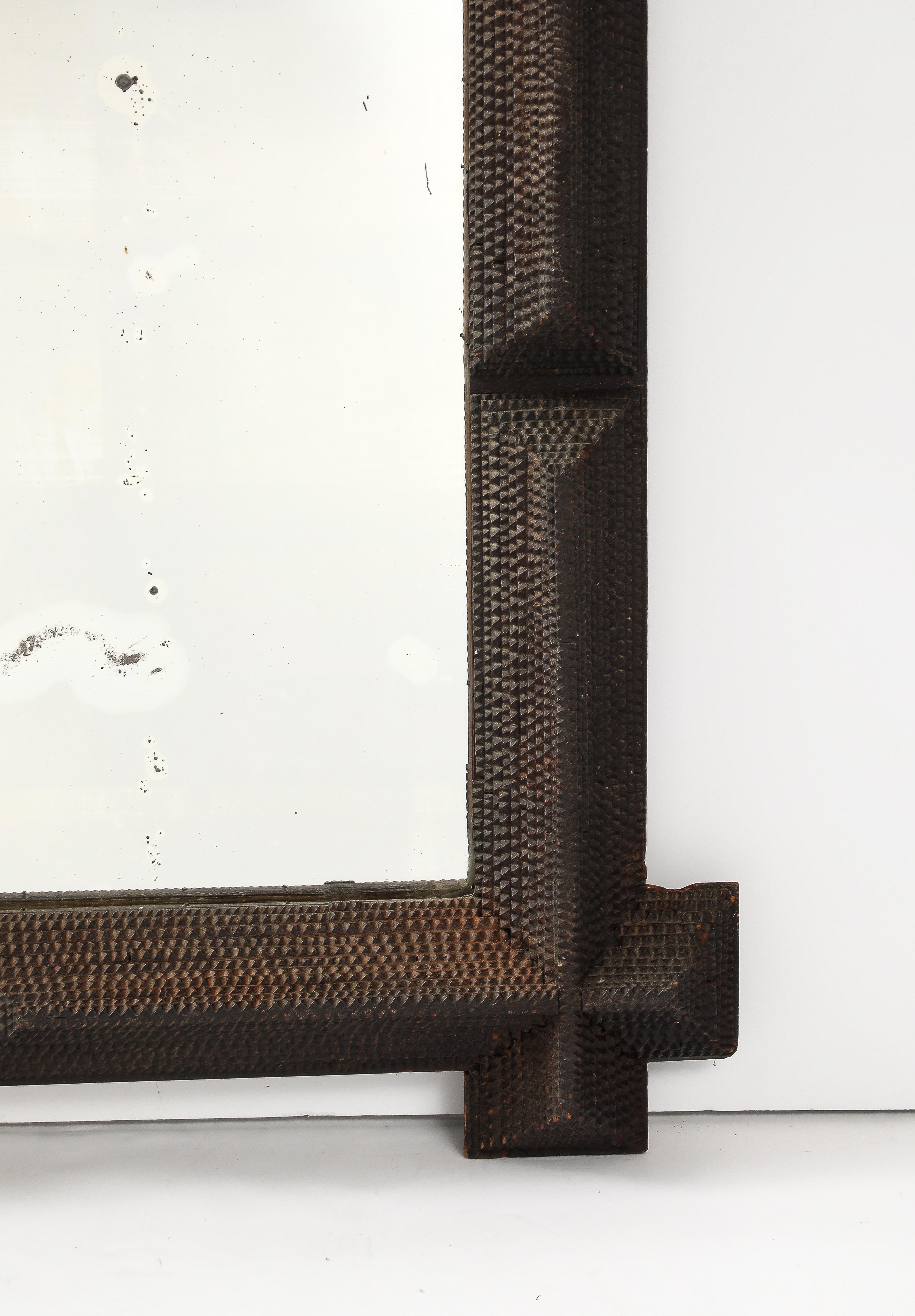 Wood 19th C. French Tramp Art Mirror with Old Glass For Sale