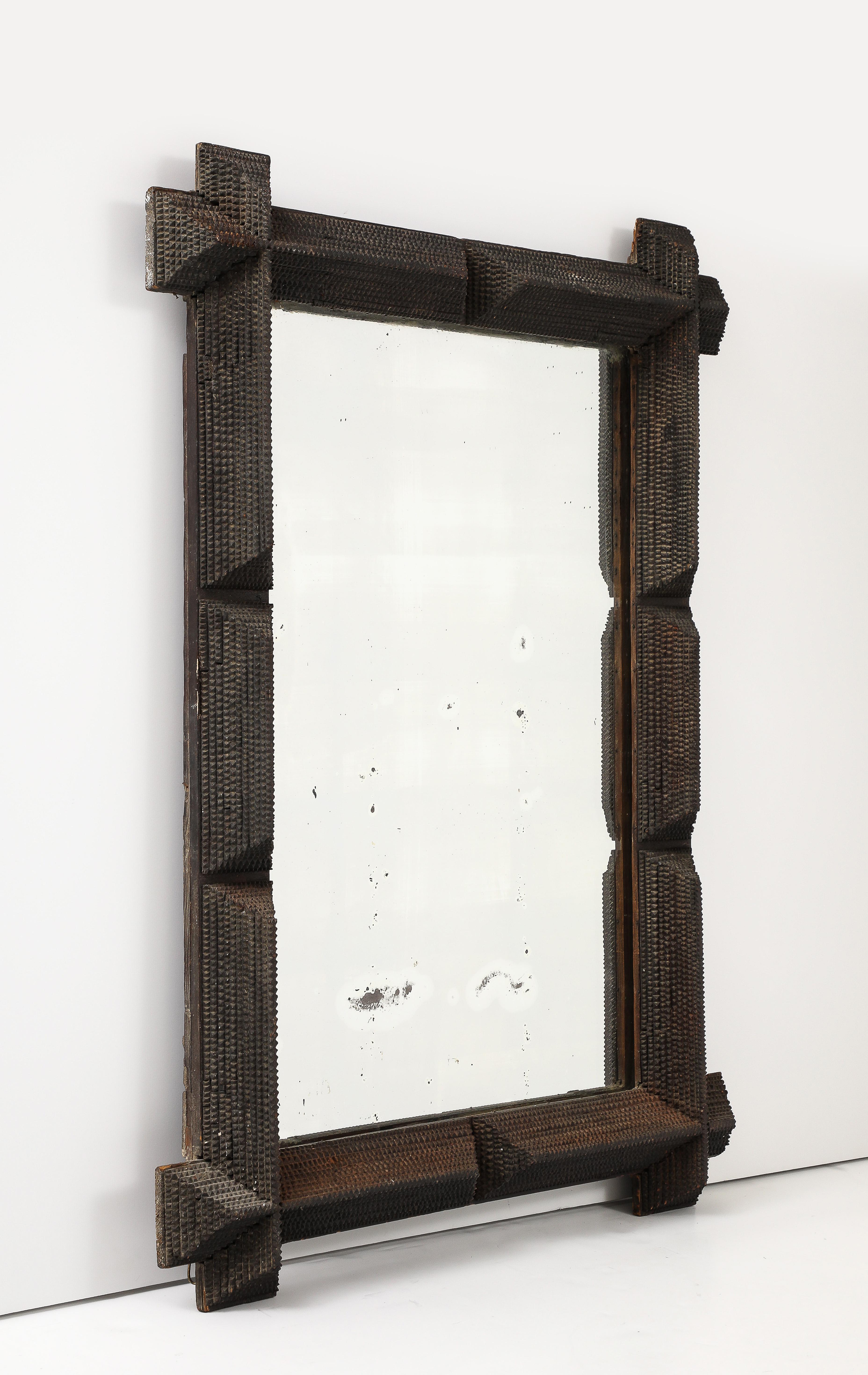 19th C. French Tramp Art Mirror with Old Glass For Sale 1