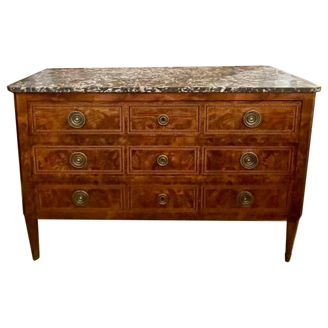 19th c. French Transitional Walnut Inlaid Commode For Sale