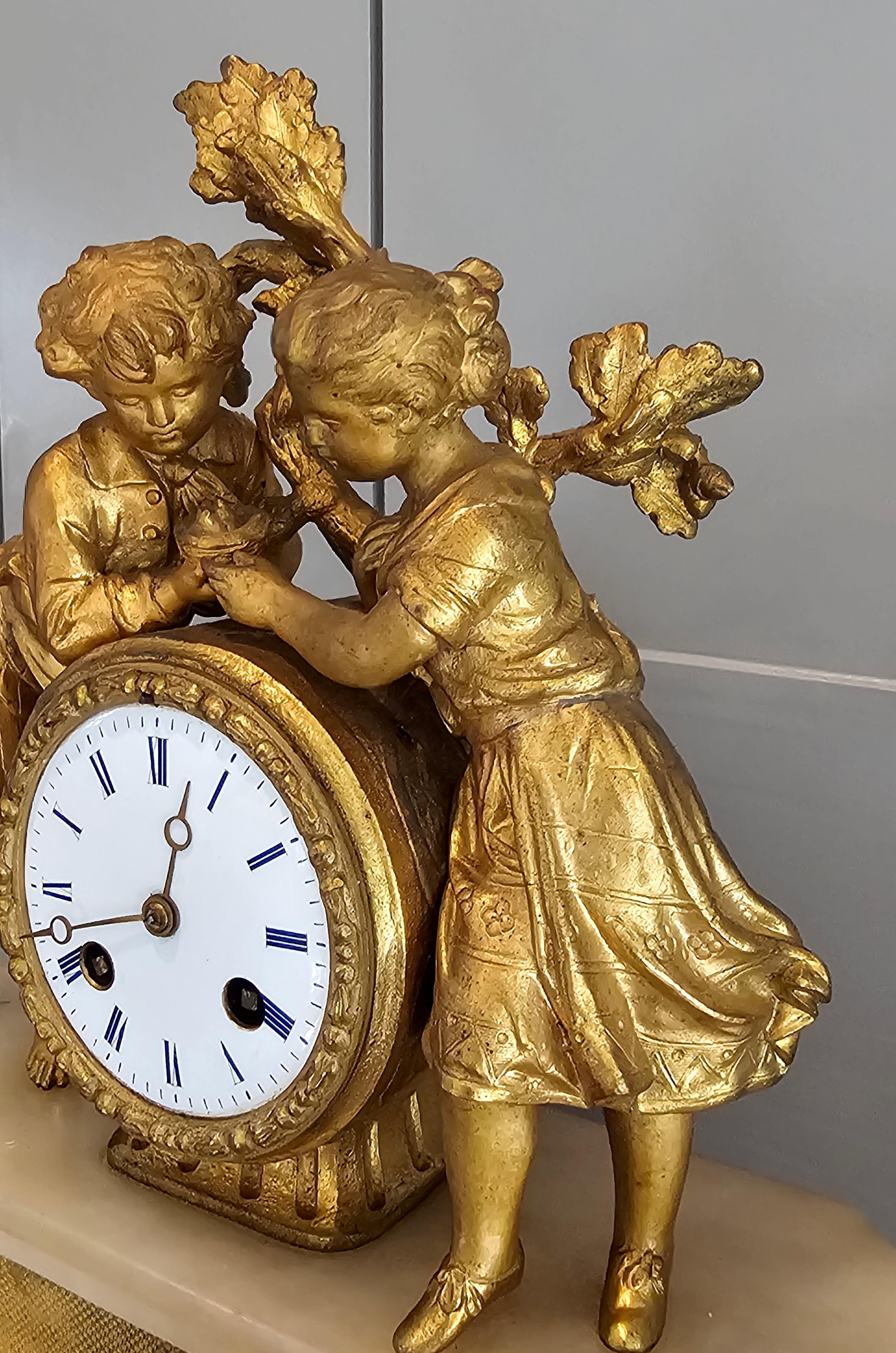 19th C. French Victorian Louis XVI Gilt Bronze Alabaster Figural Clock PH Mourey 7