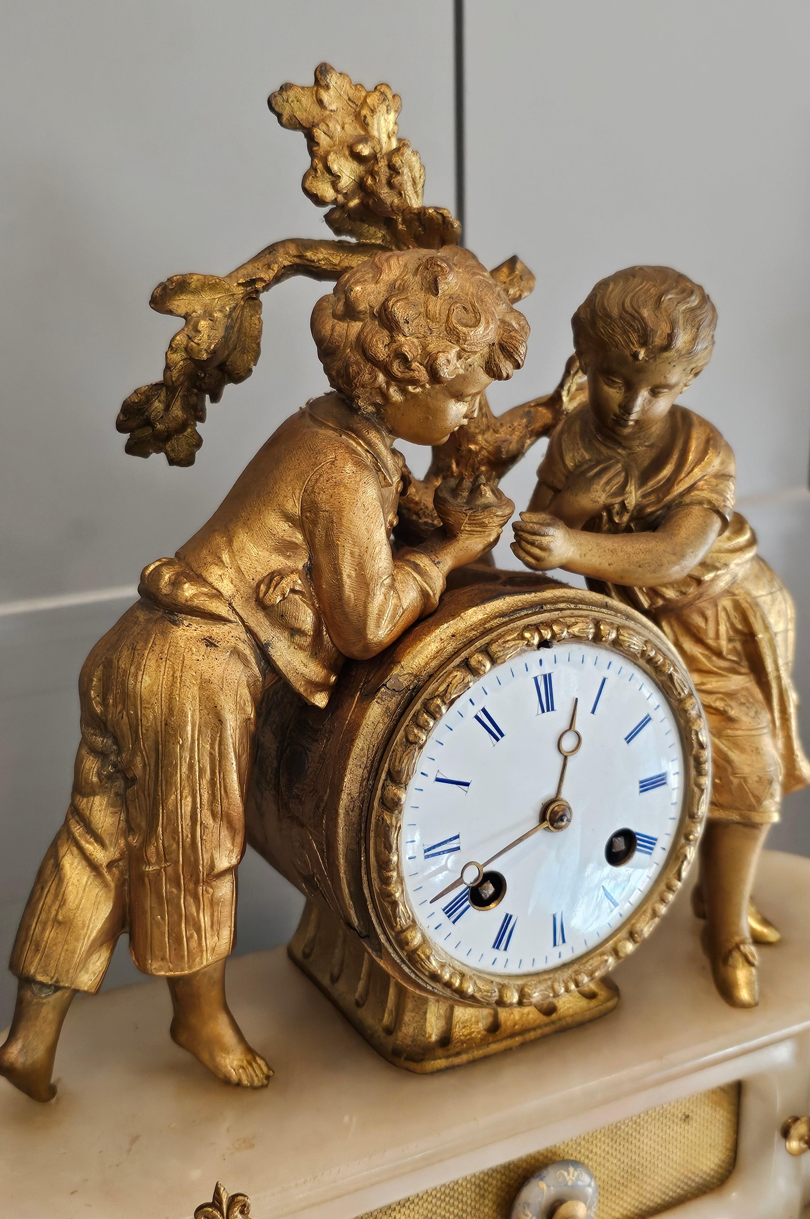 19th C. French Victorian Louis XVI Gilt Bronze Alabaster Figural Clock PH Mourey 8