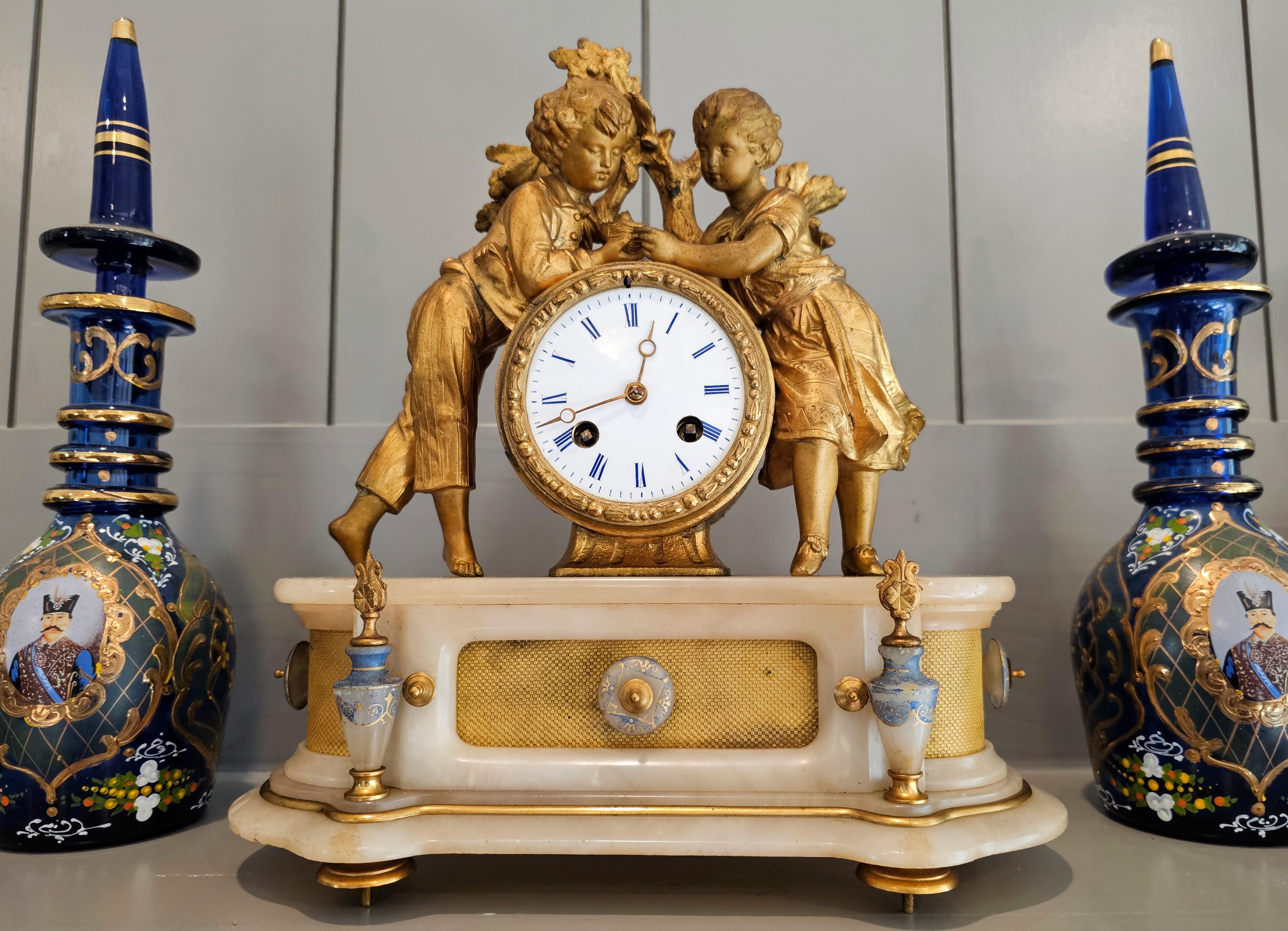 19th C. French Victorian Louis XVI Gilt Bronze Alabaster Figural Clock PH Mourey 12