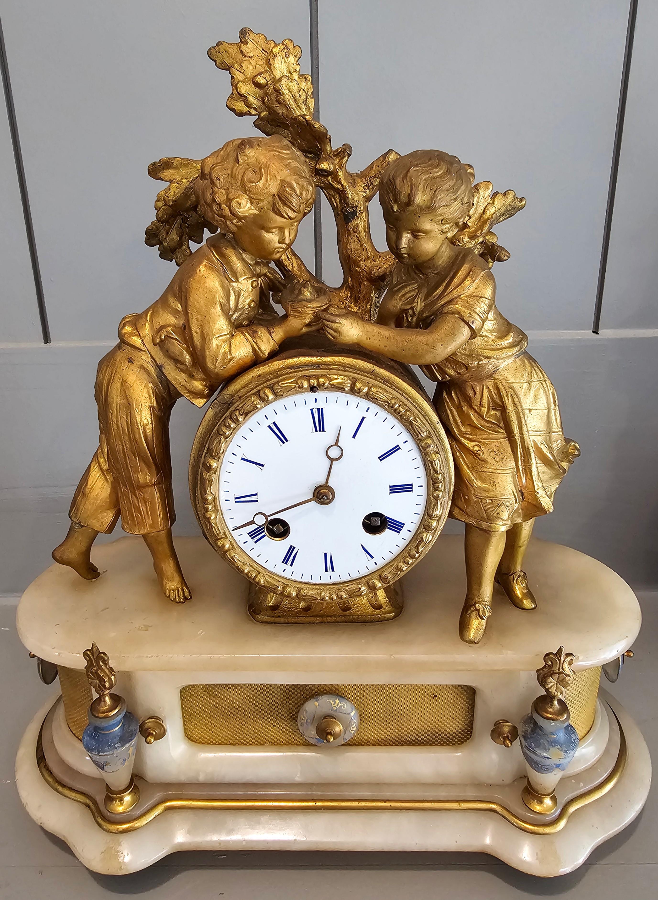 19th C. French Victorian Louis XVI Gilt Bronze Alabaster Figural Clock PH Mourey 14