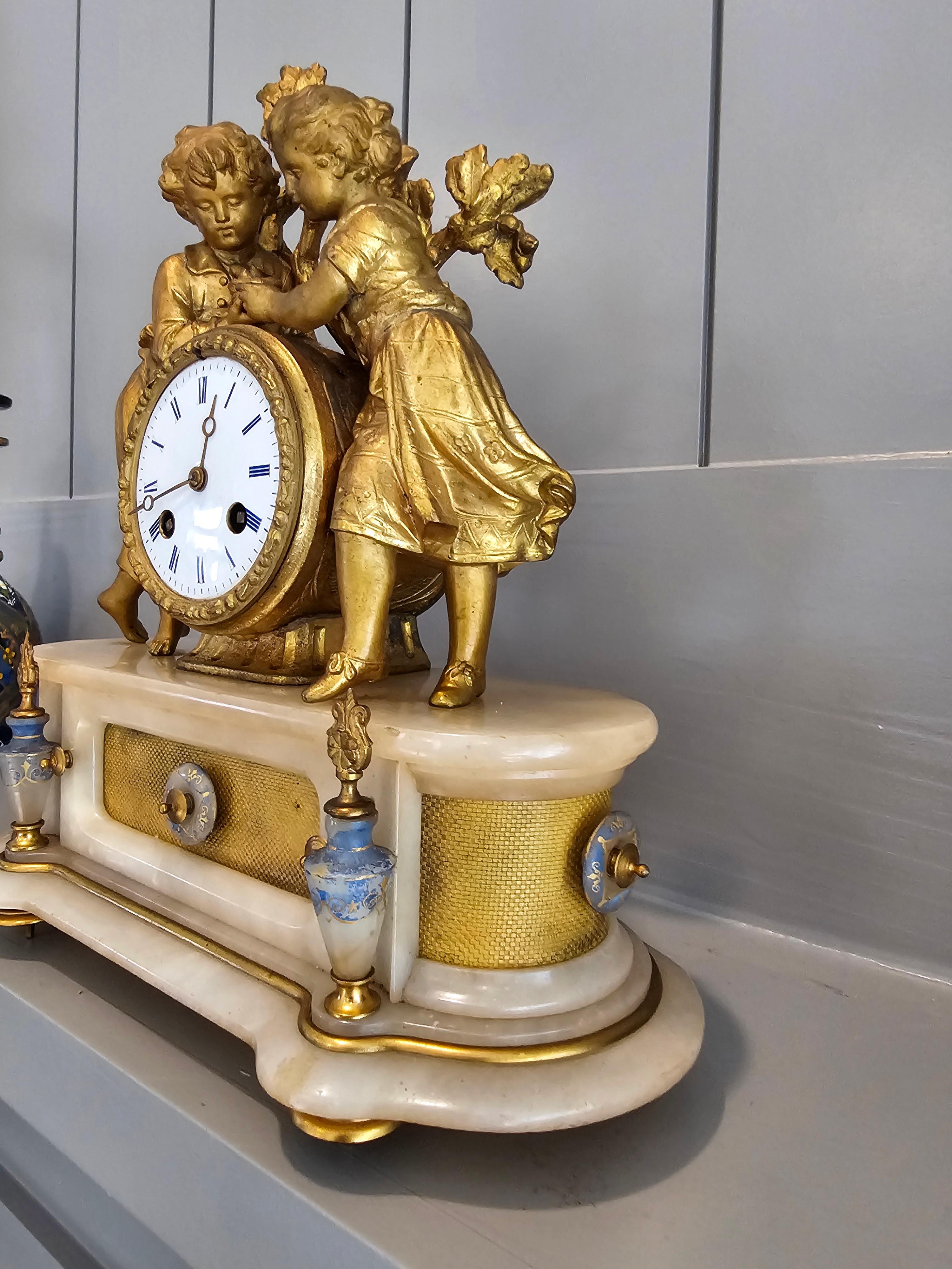19th Century 19th C. French Victorian Louis XVI Gilt Bronze Alabaster Figural Clock PH Mourey