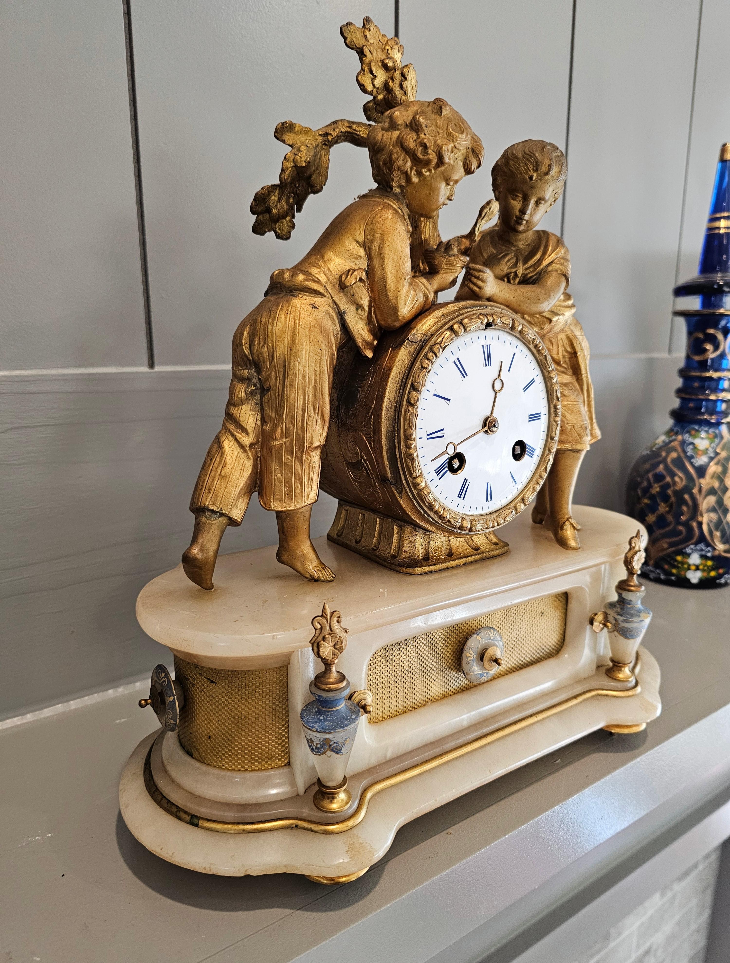 Metal 19th C. French Victorian Louis XVI Gilt Bronze Alabaster Figural Clock PH Mourey