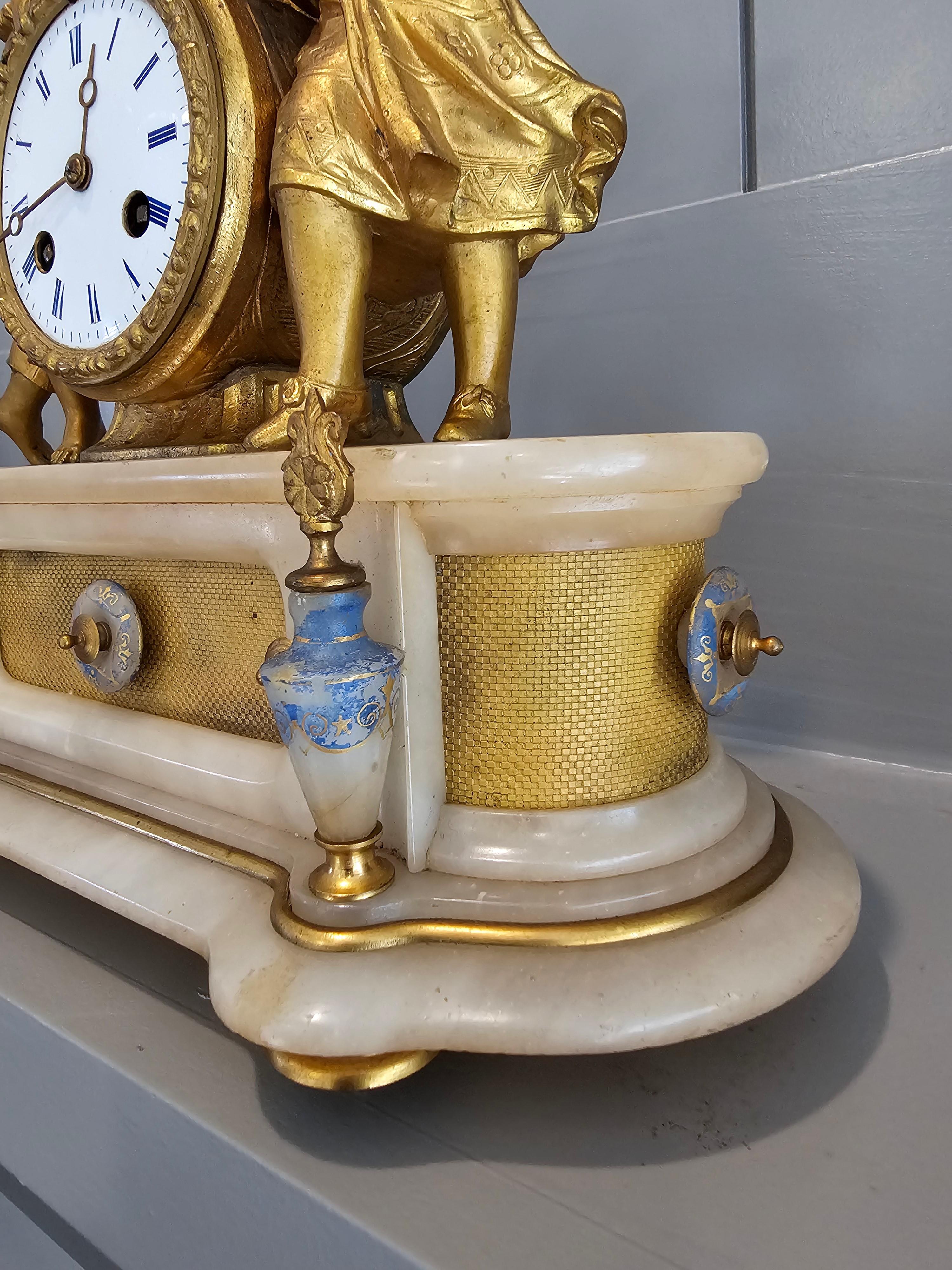 19th C. French Victorian Louis XVI Gilt Bronze Alabaster Figural Clock PH Mourey 1