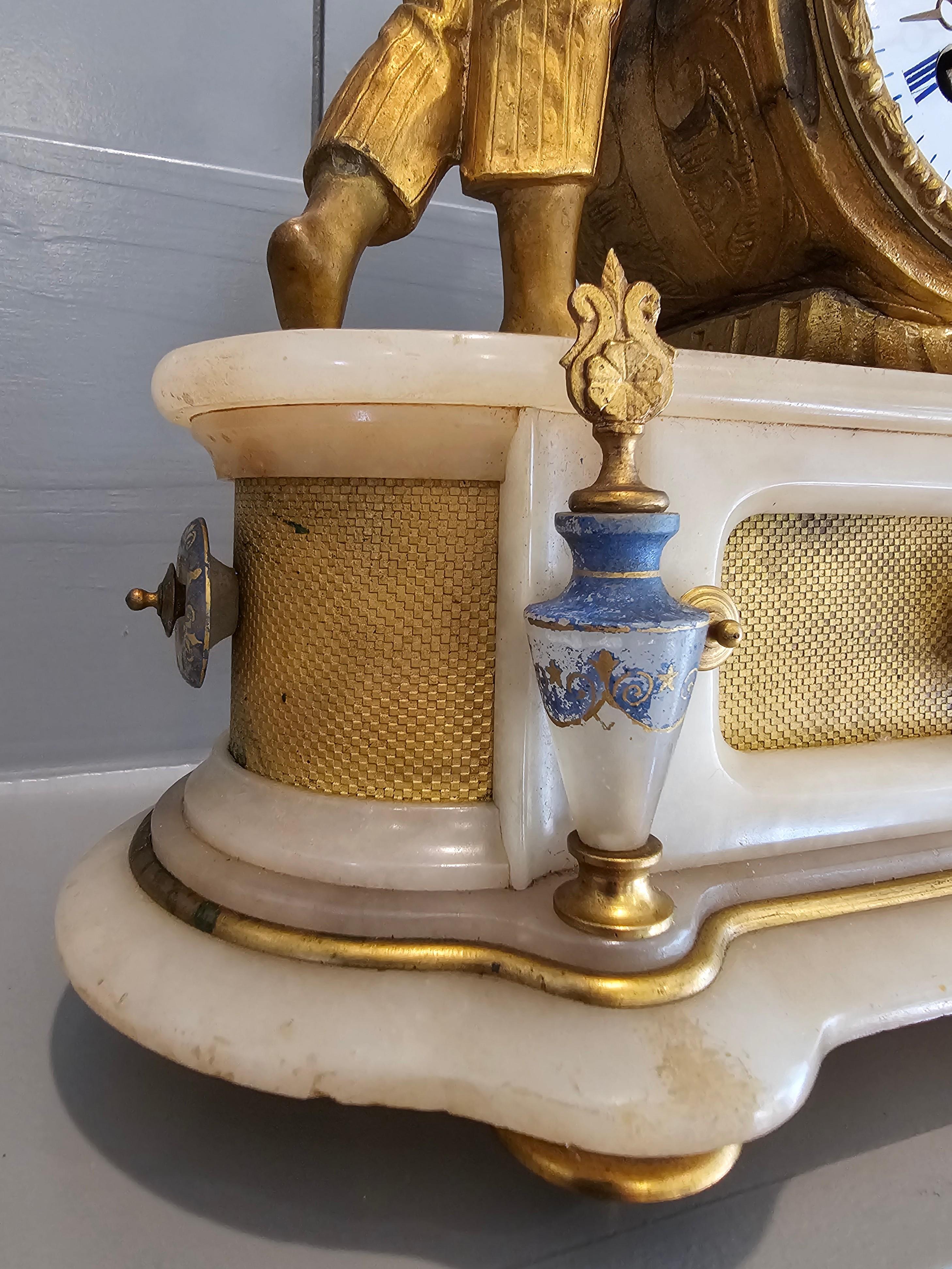 19th C. French Victorian Louis XVI Gilt Bronze Alabaster Figural Clock PH Mourey 2