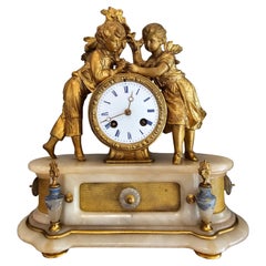 Antique 19th C. French Victorian Louis XVI Gilt Bronze Alabaster Figural Clock PH Mourey