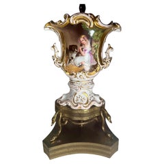 19th C. French Vieux Paris Hand-Painted Porcelain Vase Table Lamp Gilt Swan Base