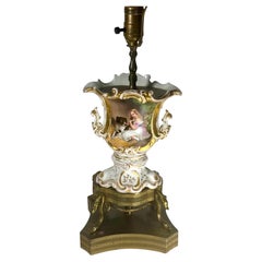 19th C. French Vieux Paris Hand-Painted Porcelain Vase Table Lamp Gilt Swan Base