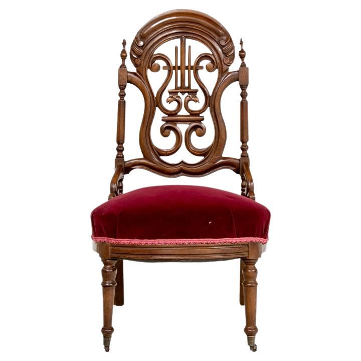 19th C. French Walnut Carved Lyre Back Side Chair For Sale