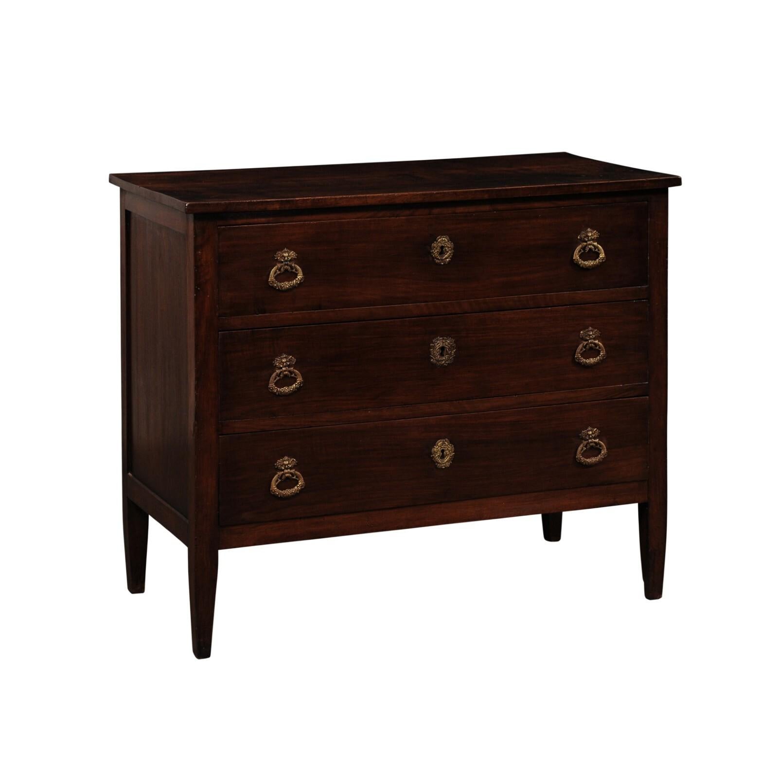 19th C. French Walnut Commode with Clean Lines & Elaborate Hardware For Sale 7