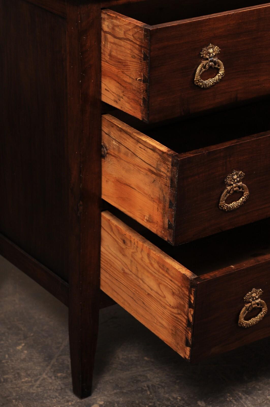 19th Century 19th C. French Walnut Commode with Clean Lines & Elaborate Hardware For Sale