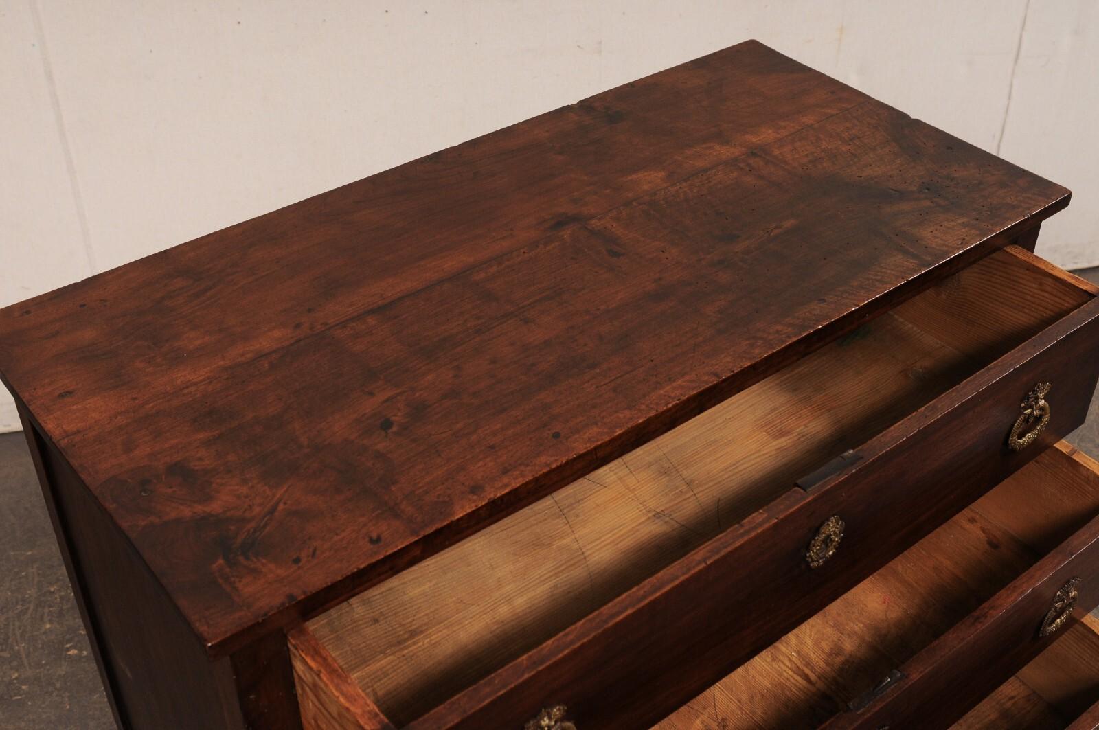 Brass 19th C. French Walnut Commode with Clean Lines & Elaborate Hardware For Sale