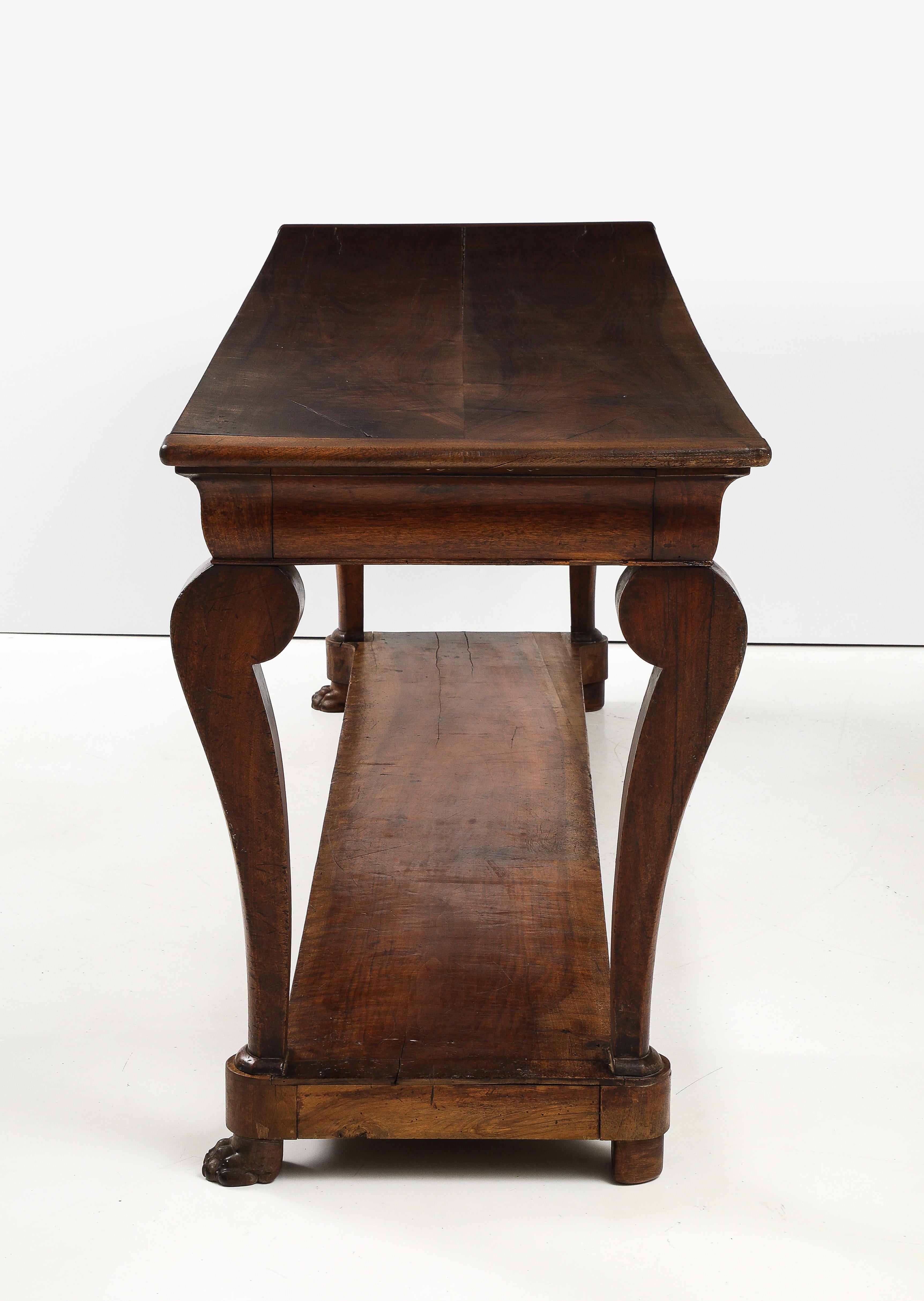 19th C. French Walnut Console with Drawer, Lower Shelf & Lion Claw Feet For Sale 6