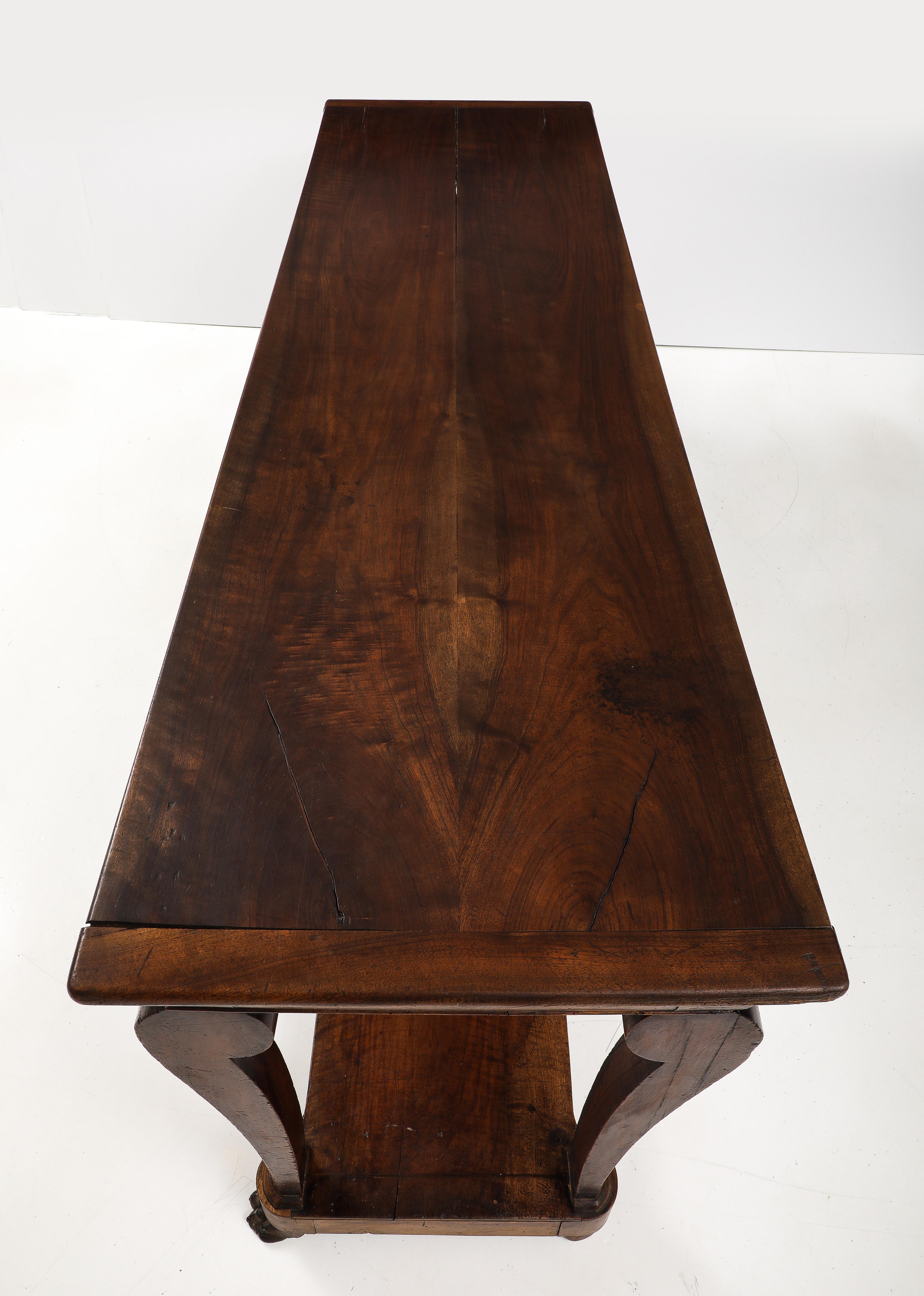 19th C. French Walnut Console with Drawer, Lower Shelf & Lion Claw Feet For Sale 7