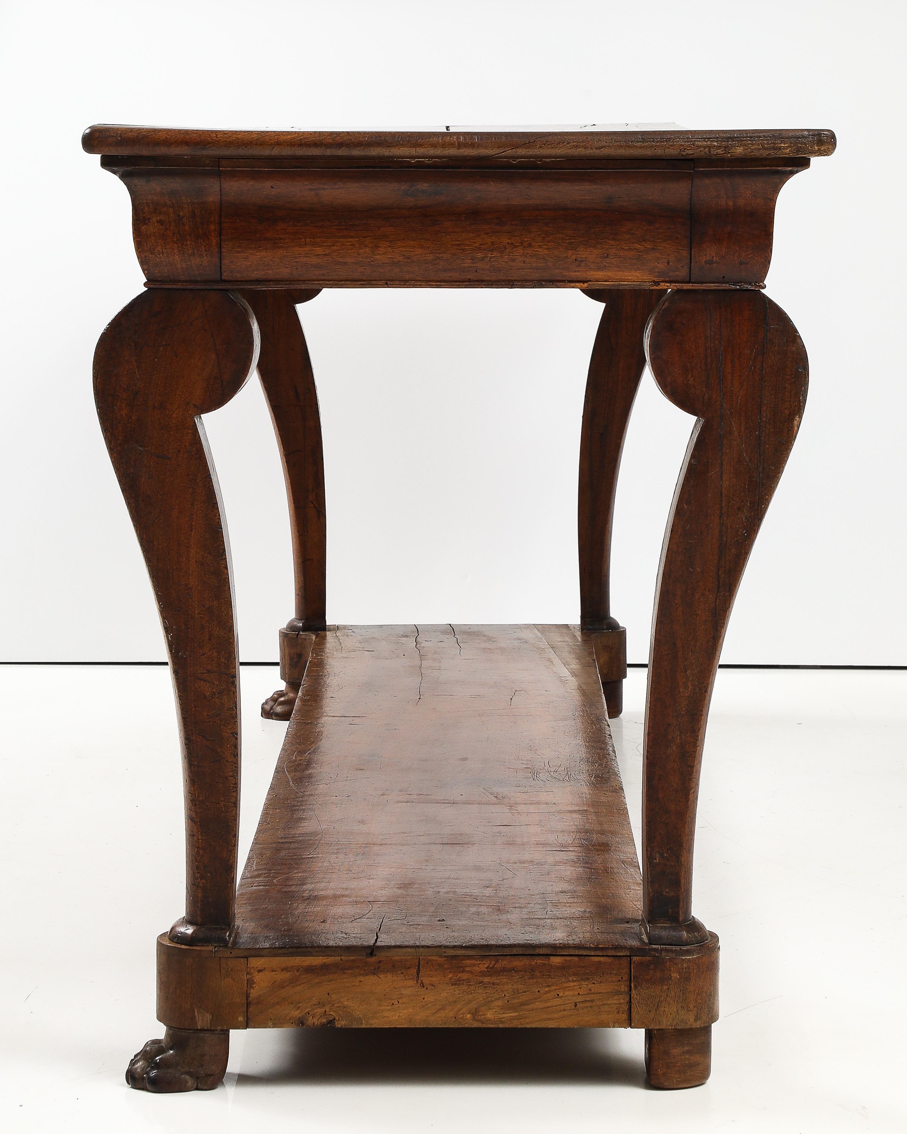 19th C. French Walnut Console with Drawer, Lower Shelf & Lion Claw Feet For Sale 9
