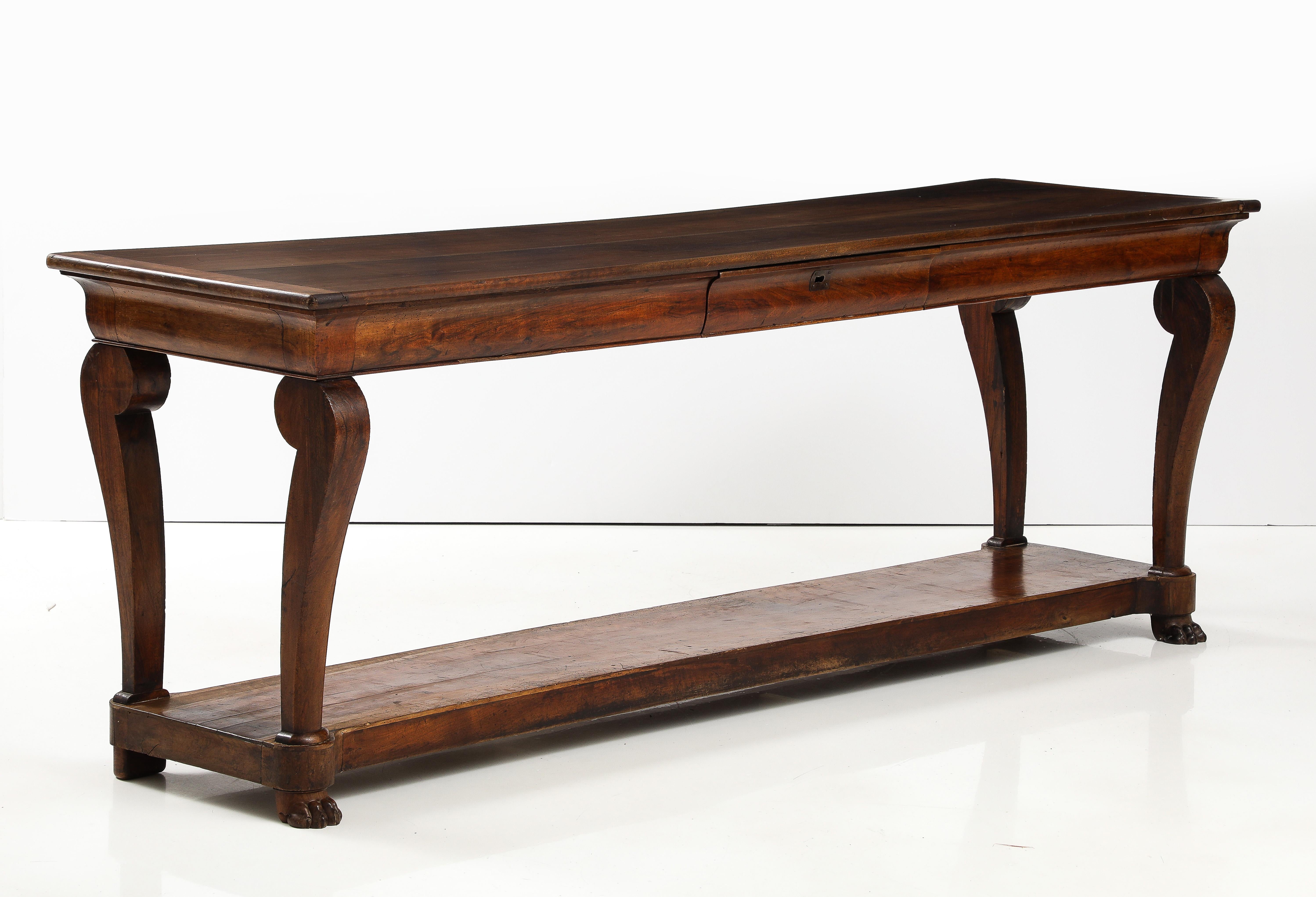 19th C. French Walnut Console with Drawer, Lower Shelf & Lion Claw Feet For Sale 12