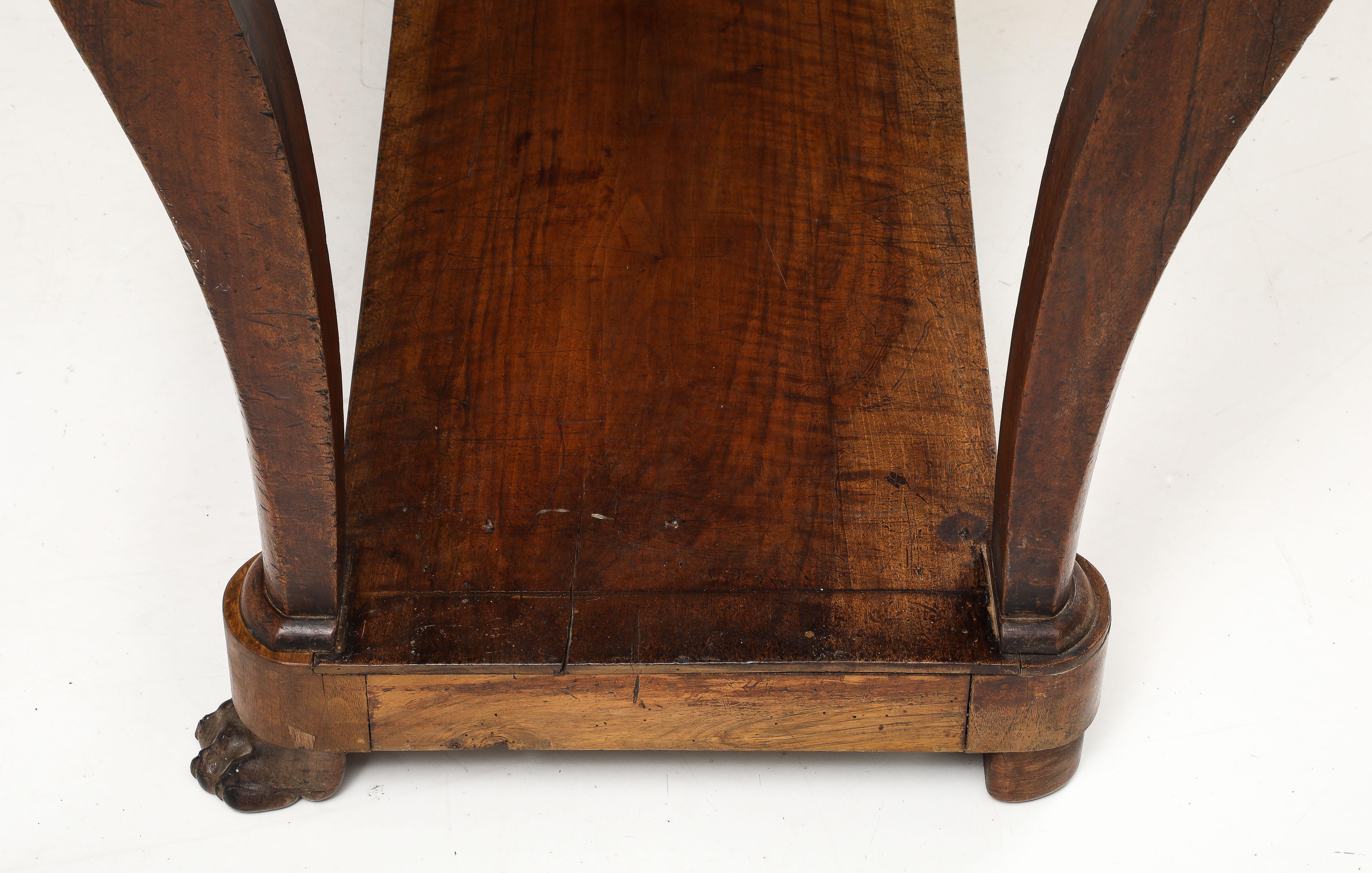 19th C. French Walnut Console with Drawer, Lower Shelf & Lion Claw Feet For Sale 14
