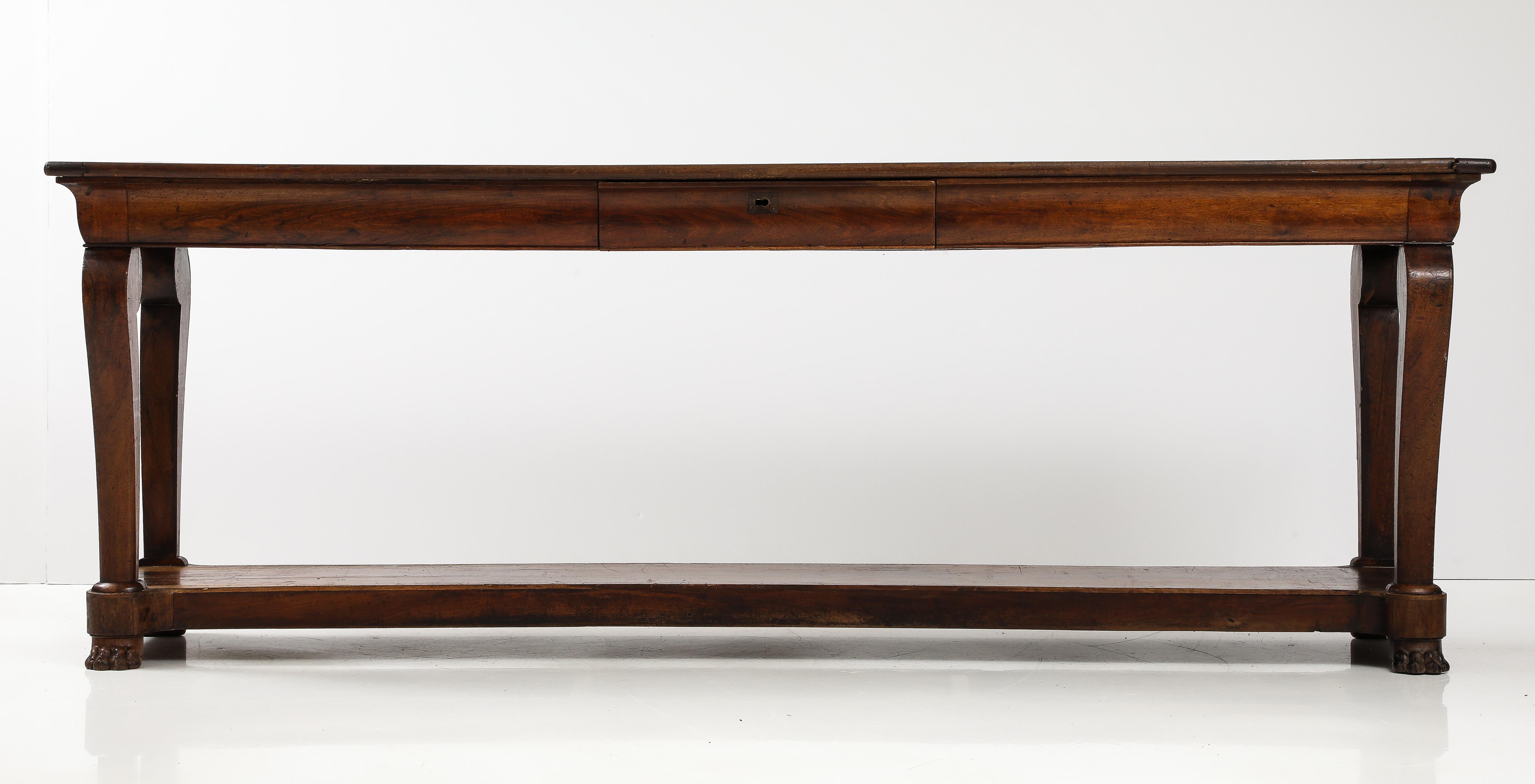 19th C. French Walnut Console with Drawer (no key, but it is open)
Walnut
H: 33.25 D: 25.5 L: 92.25 in.