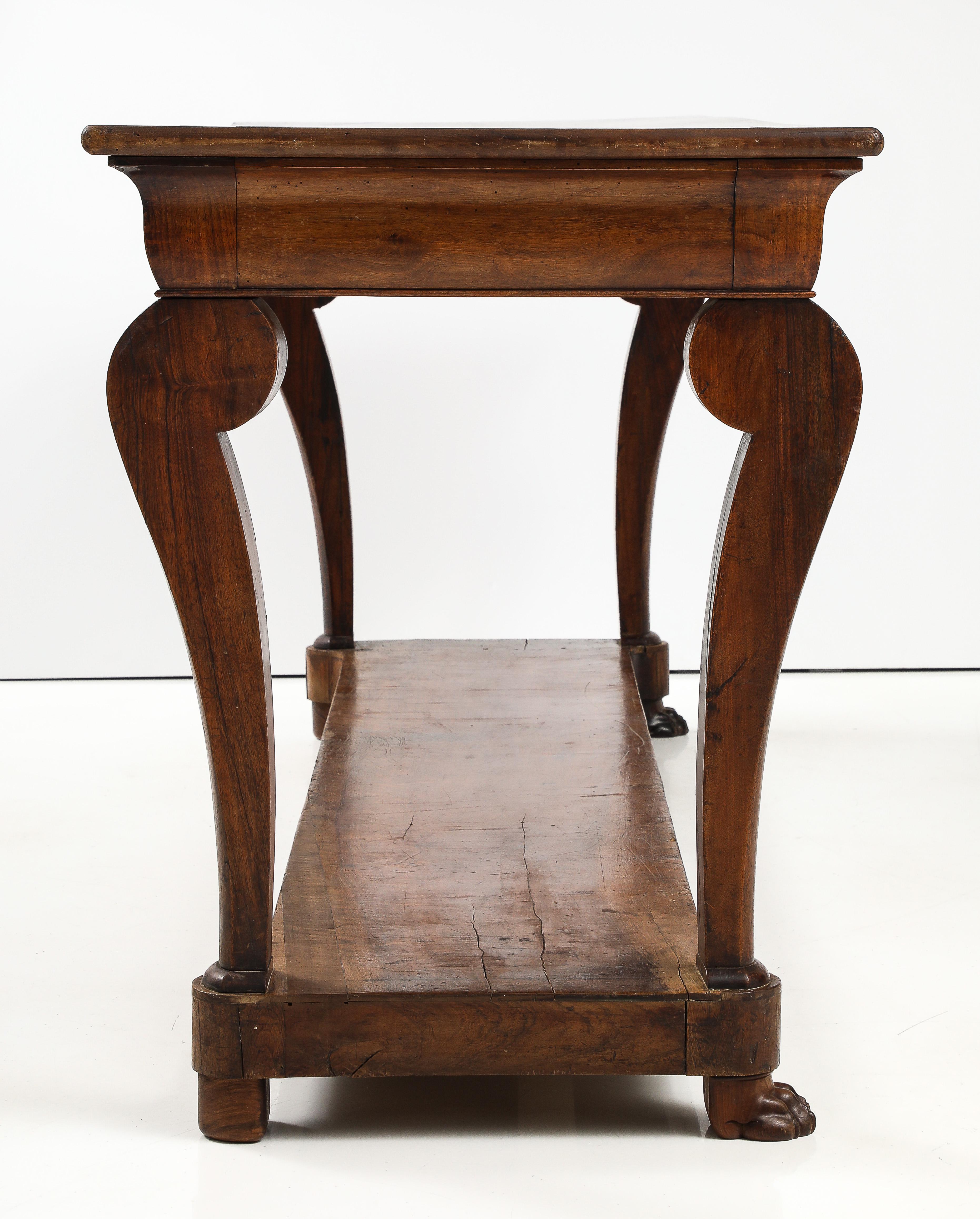 19th C. French Walnut Console with Drawer, Lower Shelf & Lion Claw Feet For Sale 15
