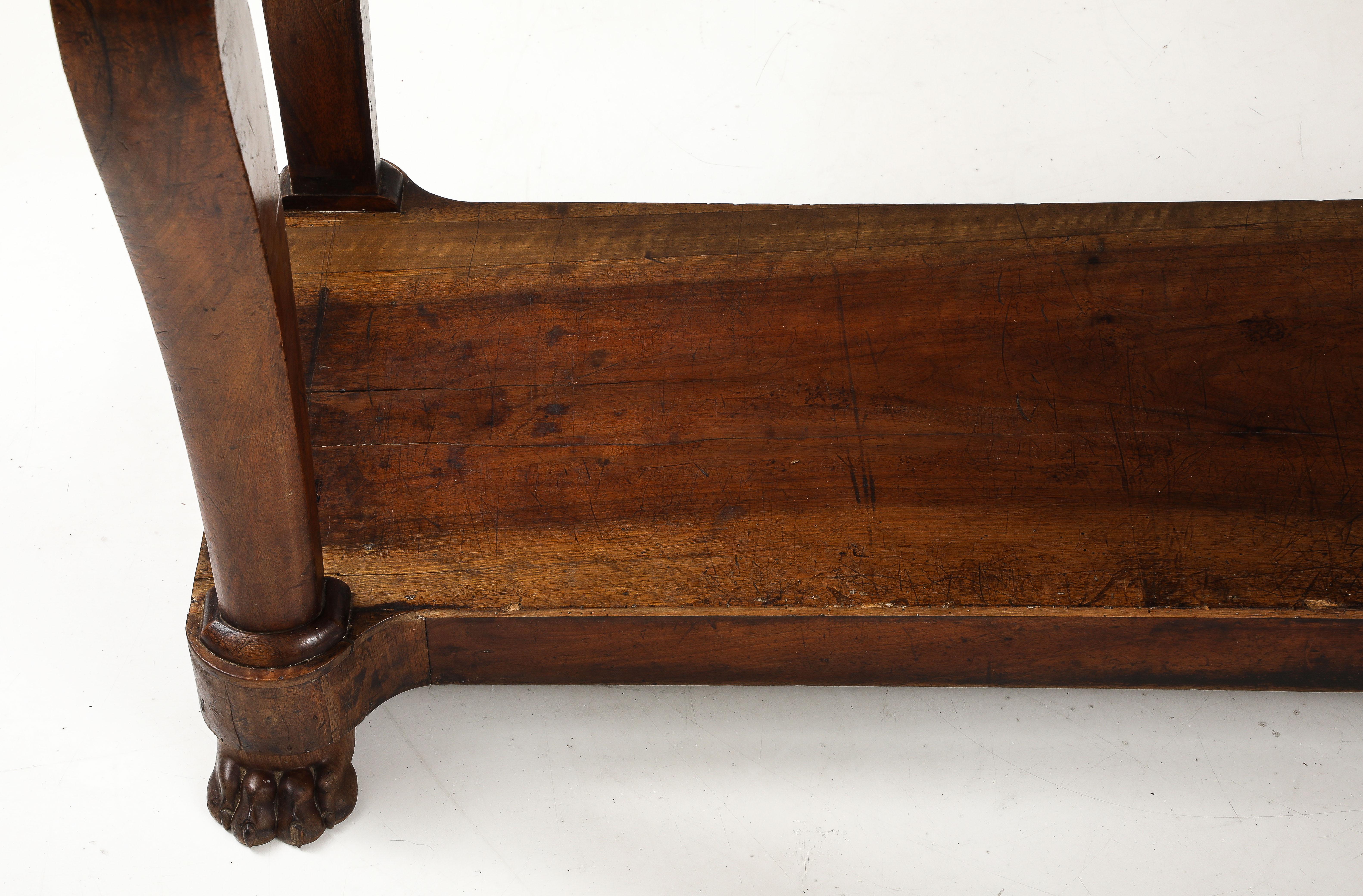 19th C. French Walnut Console with Drawer, Lower Shelf & Lion Claw Feet In Good Condition For Sale In Brooklyn, NY