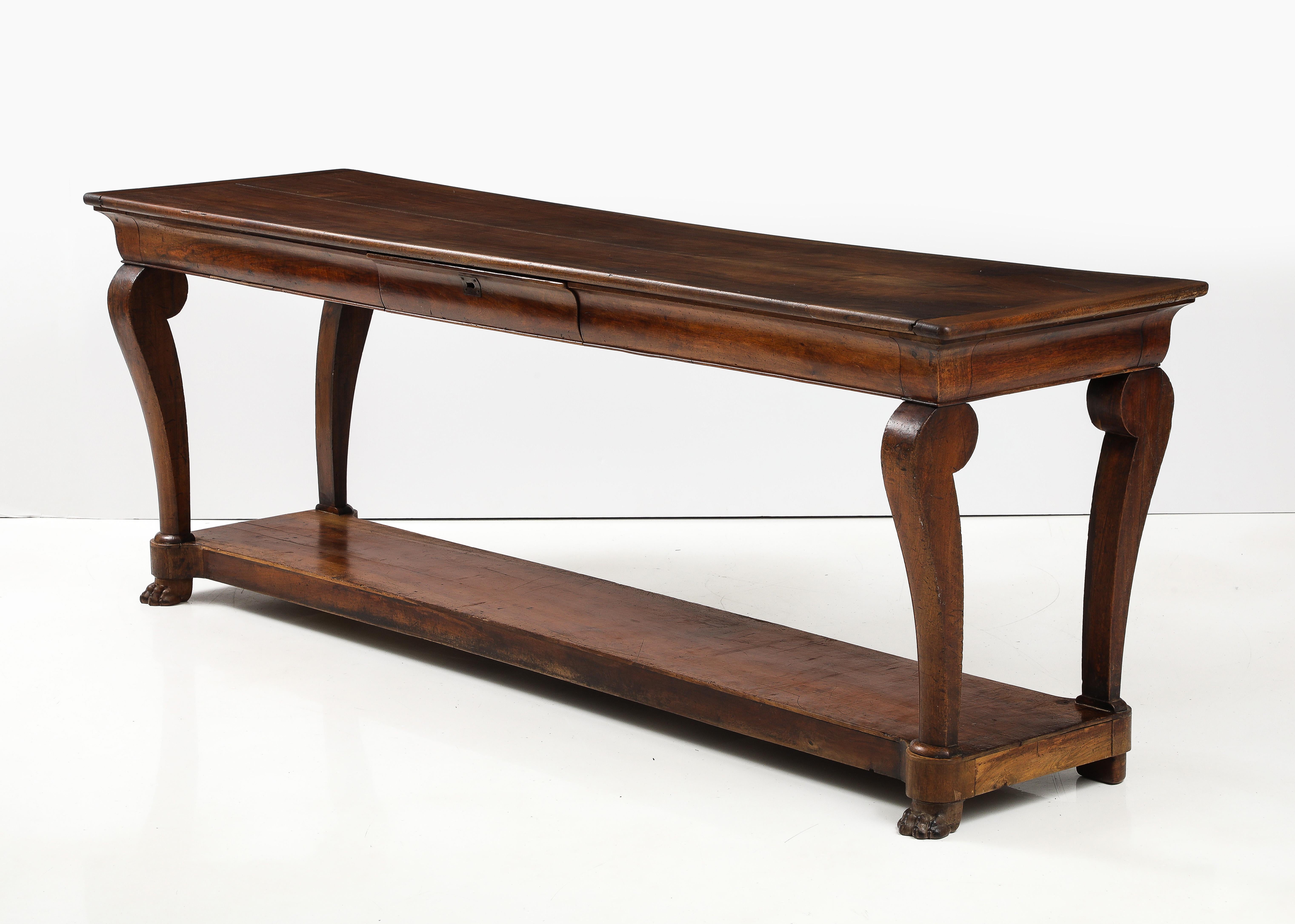 Mid-19th Century 19th C. French Walnut Console with Drawer, Lower Shelf & Lion Claw Feet For Sale