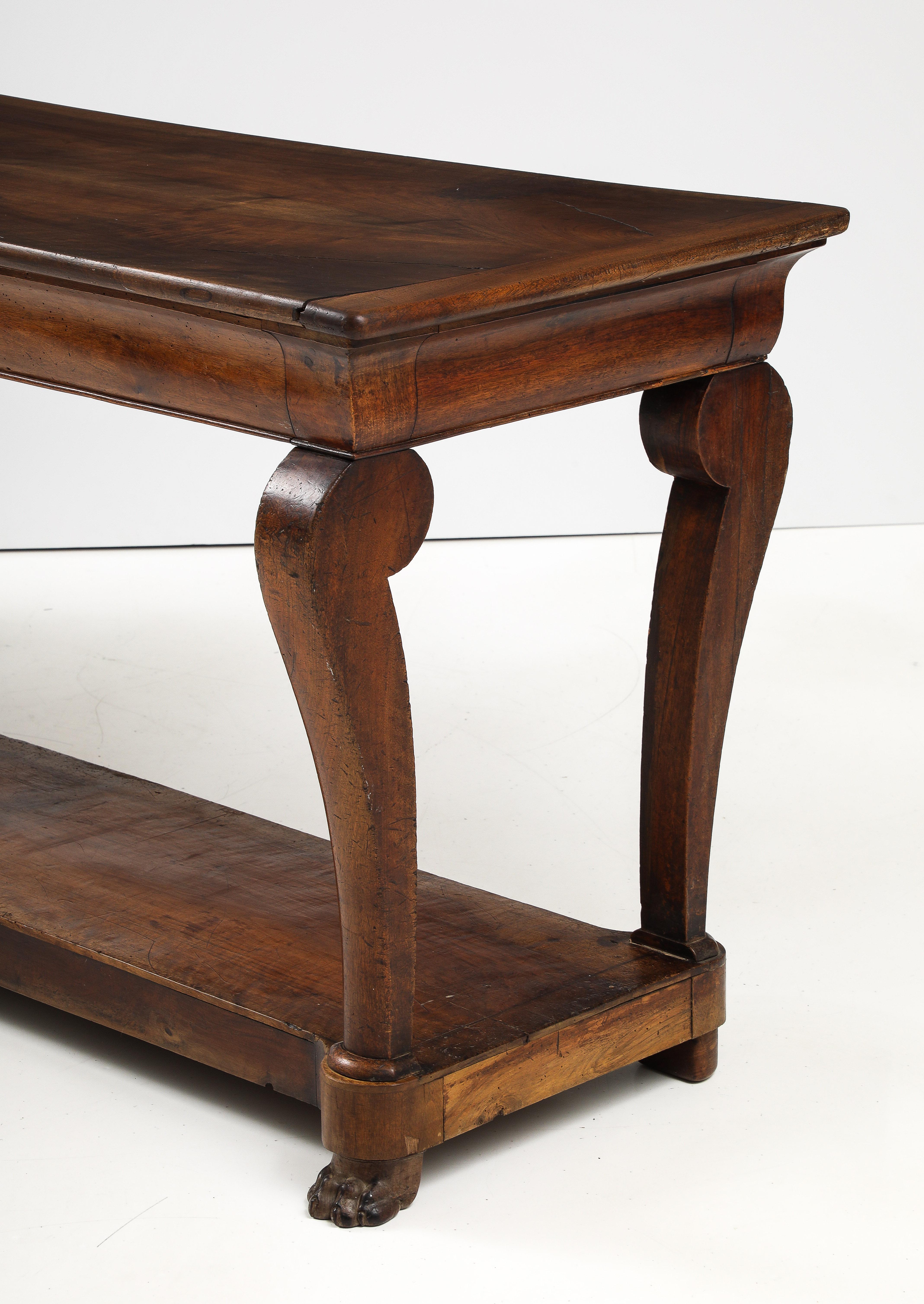 19th C. French Walnut Console with Drawer, Lower Shelf & Lion Claw Feet For Sale 1
