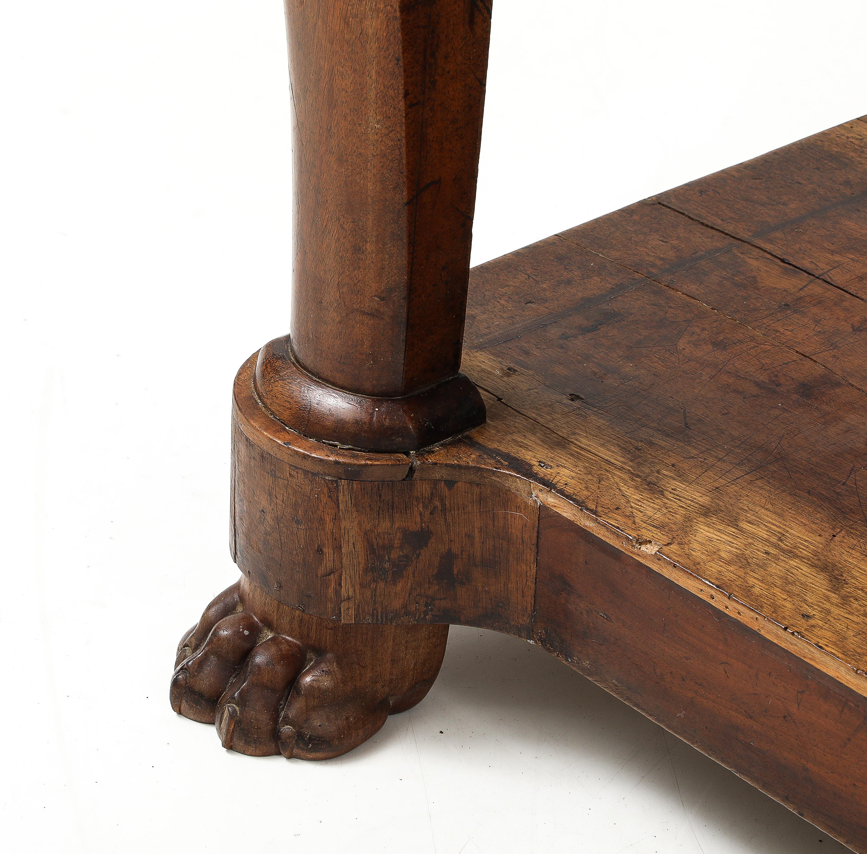 19th C. French Walnut Console with Drawer, Lower Shelf & Lion Claw Feet For Sale 3