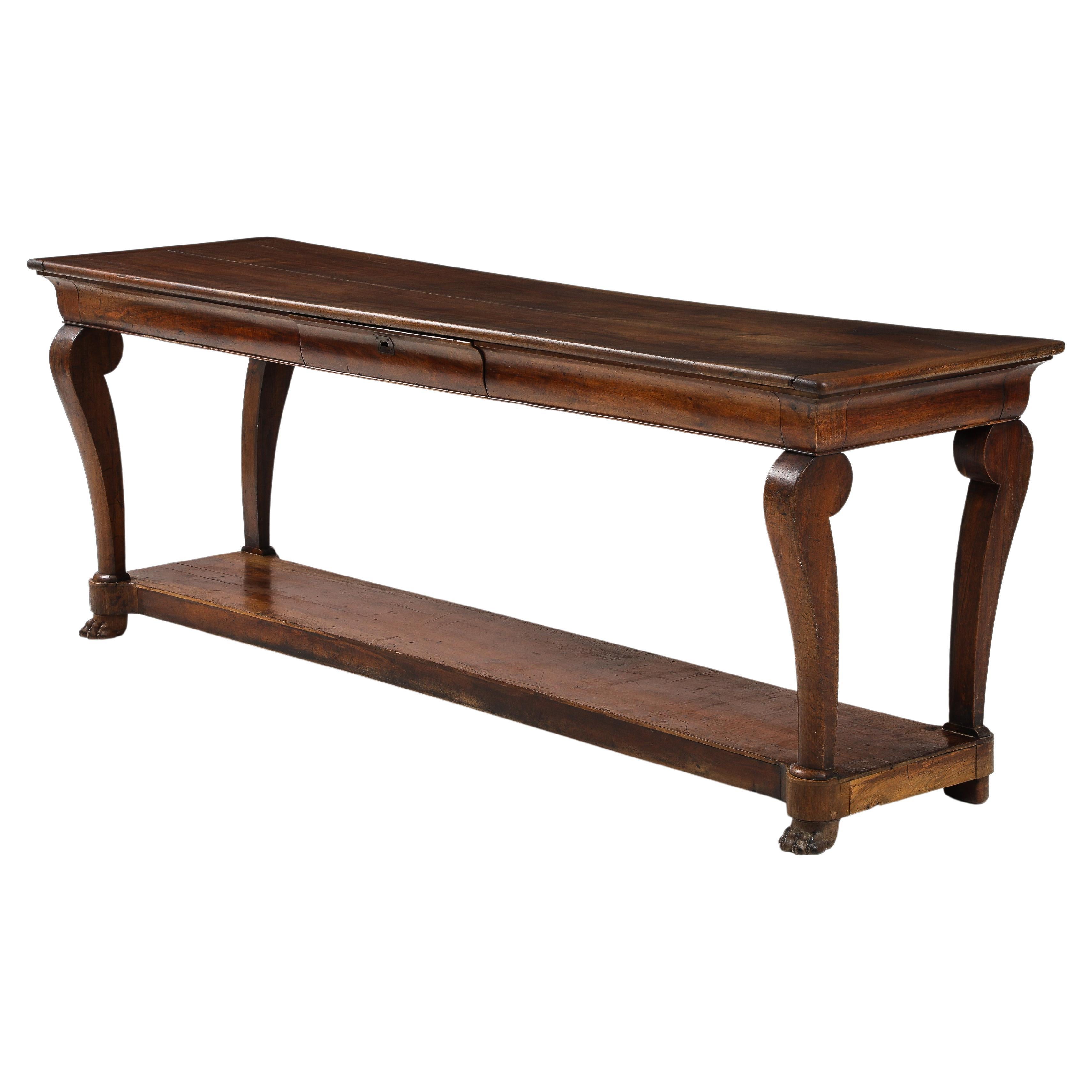 19th C. French Walnut Console with Drawer, Lower Shelf & Lion Claw Feet For Sale