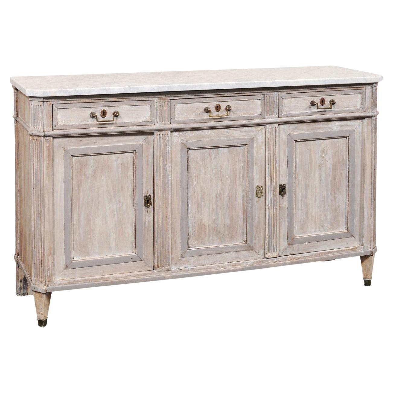 19th C. French White Marble Top Enfilade Buffet w/Custom Painted Finish