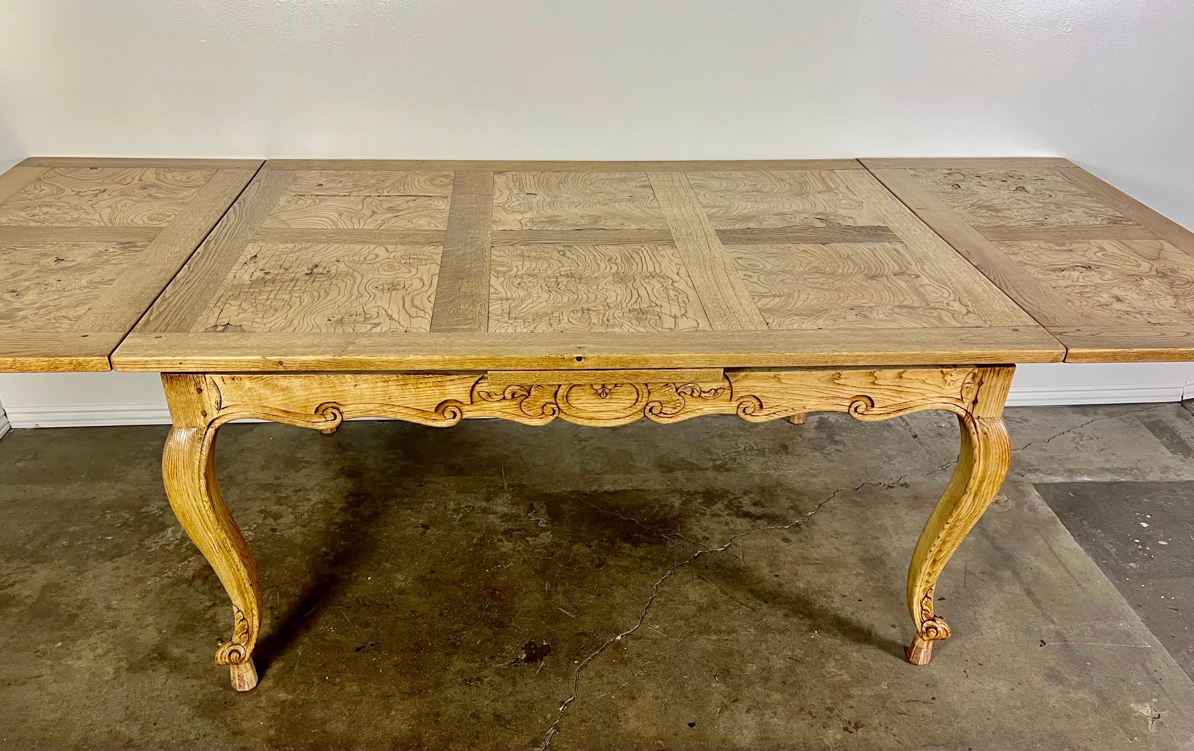 French Provincial 19th Century French White Oak & Burl Walnut Dining Table For Sale