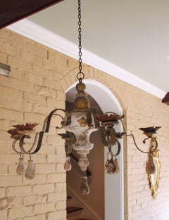 19th c. French Wood & Wrought Iron Six-Arm Painted Candle Chandelier