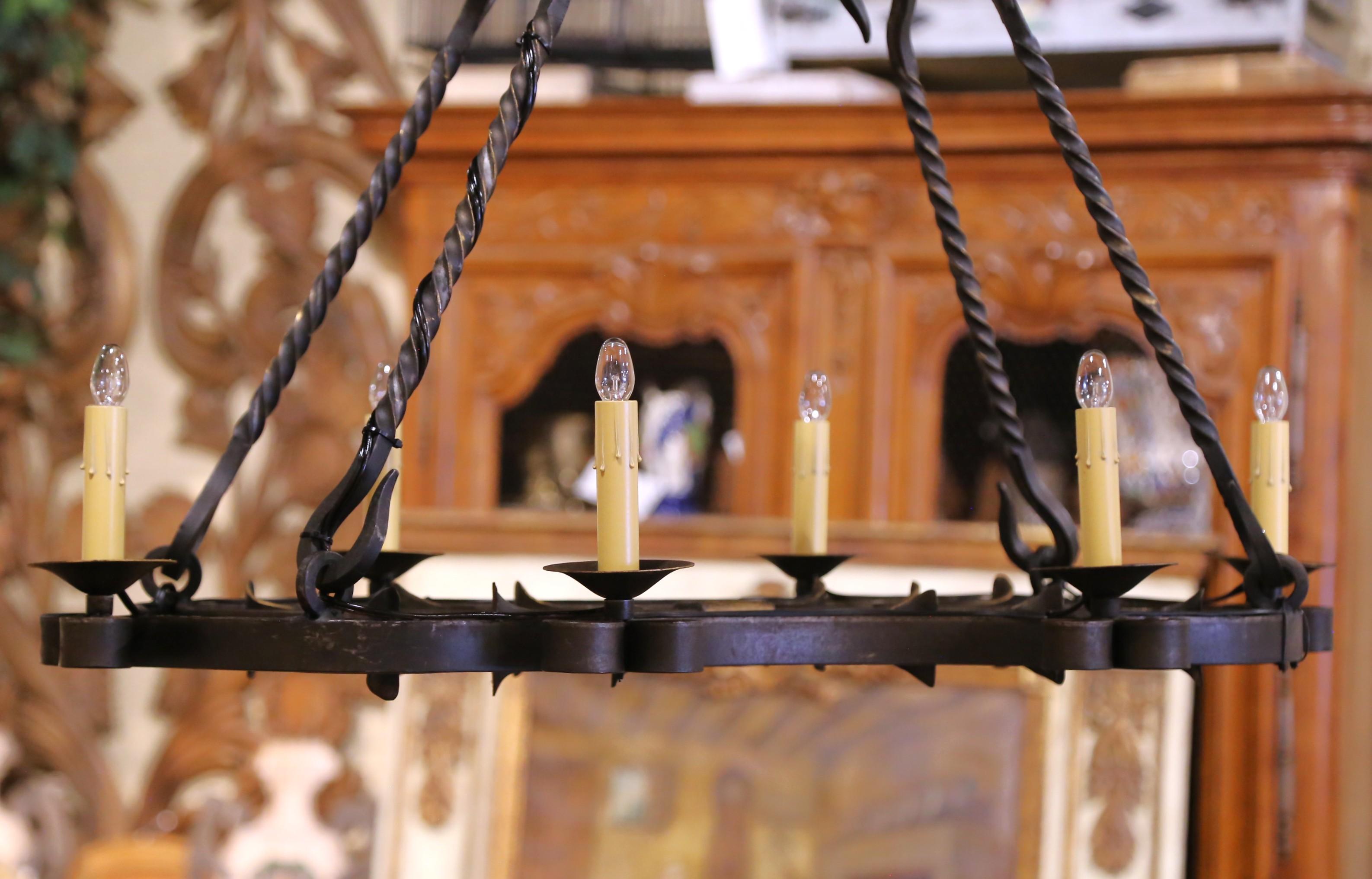 19th C. French Wrought Iron Chandelier Six-Light Chandelier with Gilt Accents For Sale 5