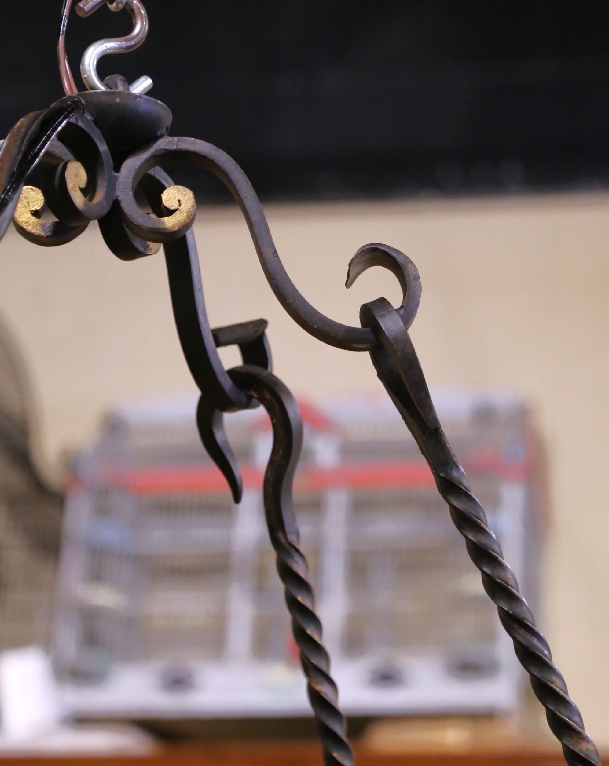 19th C. French Wrought Iron Chandelier Six-Light Chandelier with Gilt Accents For Sale 6