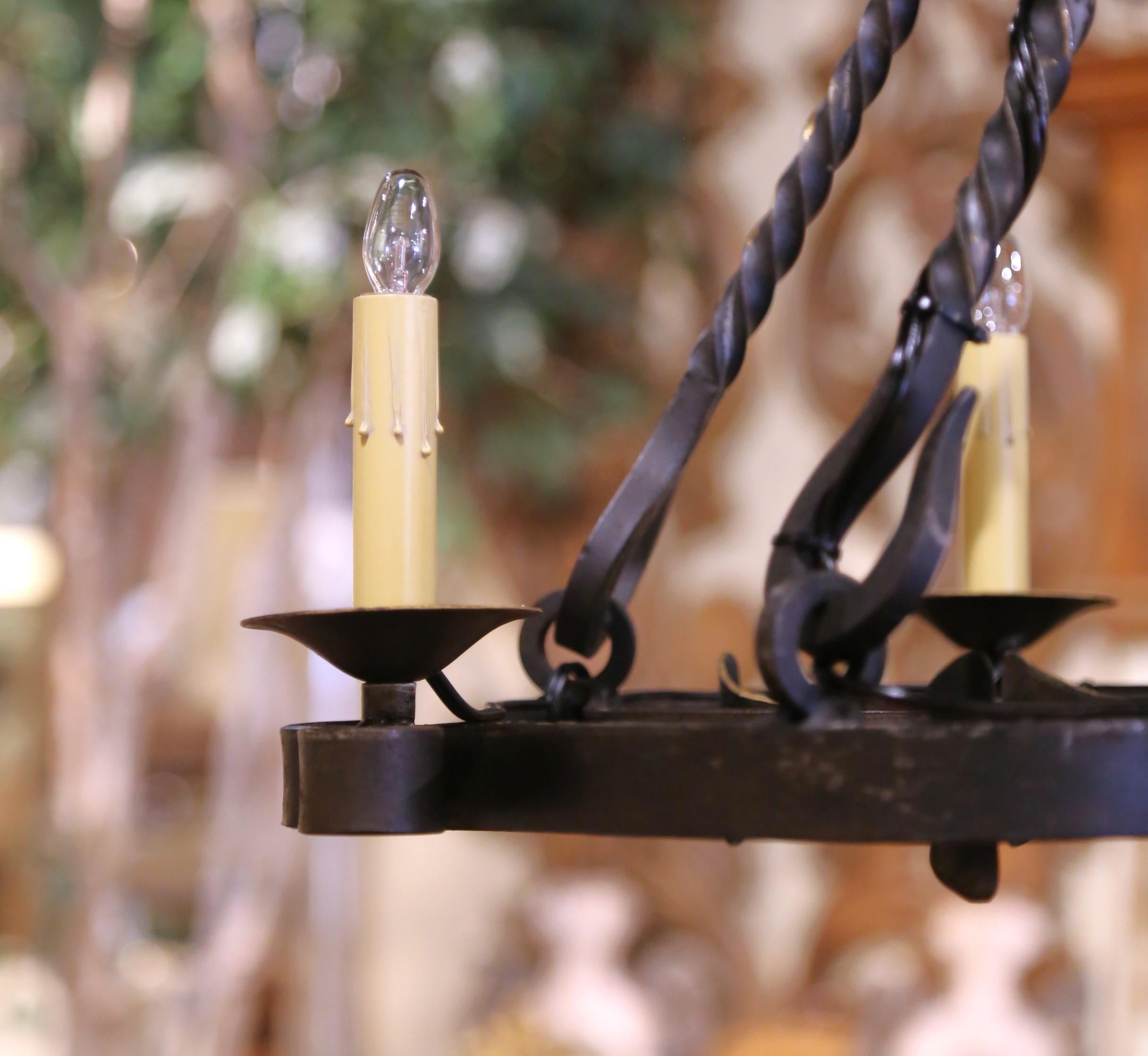 19th C. French Wrought Iron Chandelier Six-Light Chandelier with Gilt Accents For Sale 7