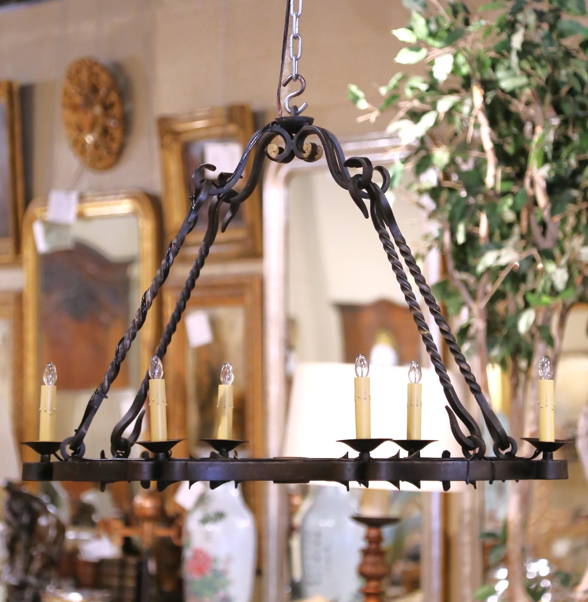 Country 19th C. French Wrought Iron Chandelier Six-Light Chandelier with Gilt Accents For Sale