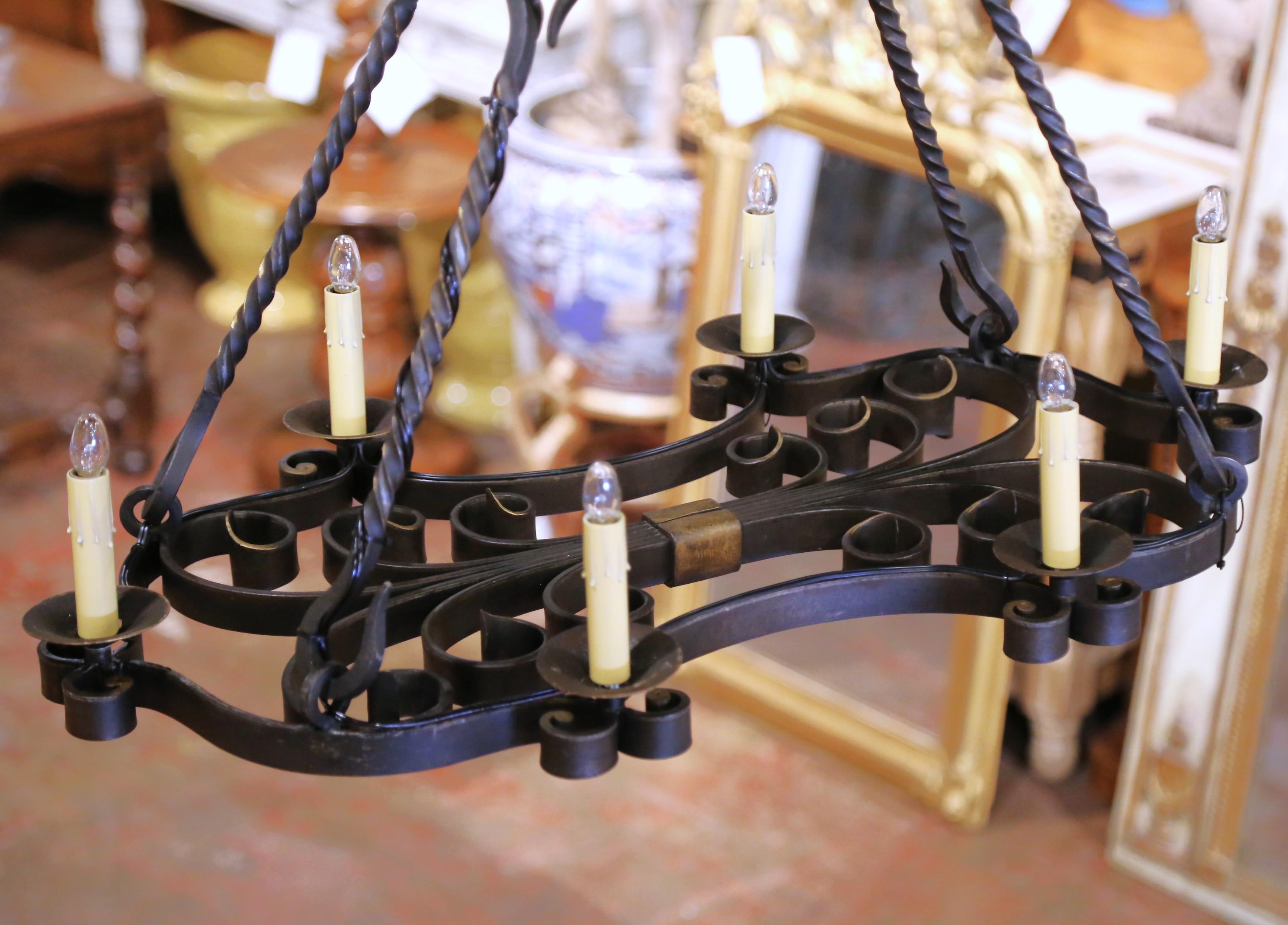 Patinated 19th C. French Wrought Iron Chandelier Six-Light Chandelier with Gilt Accents For Sale
