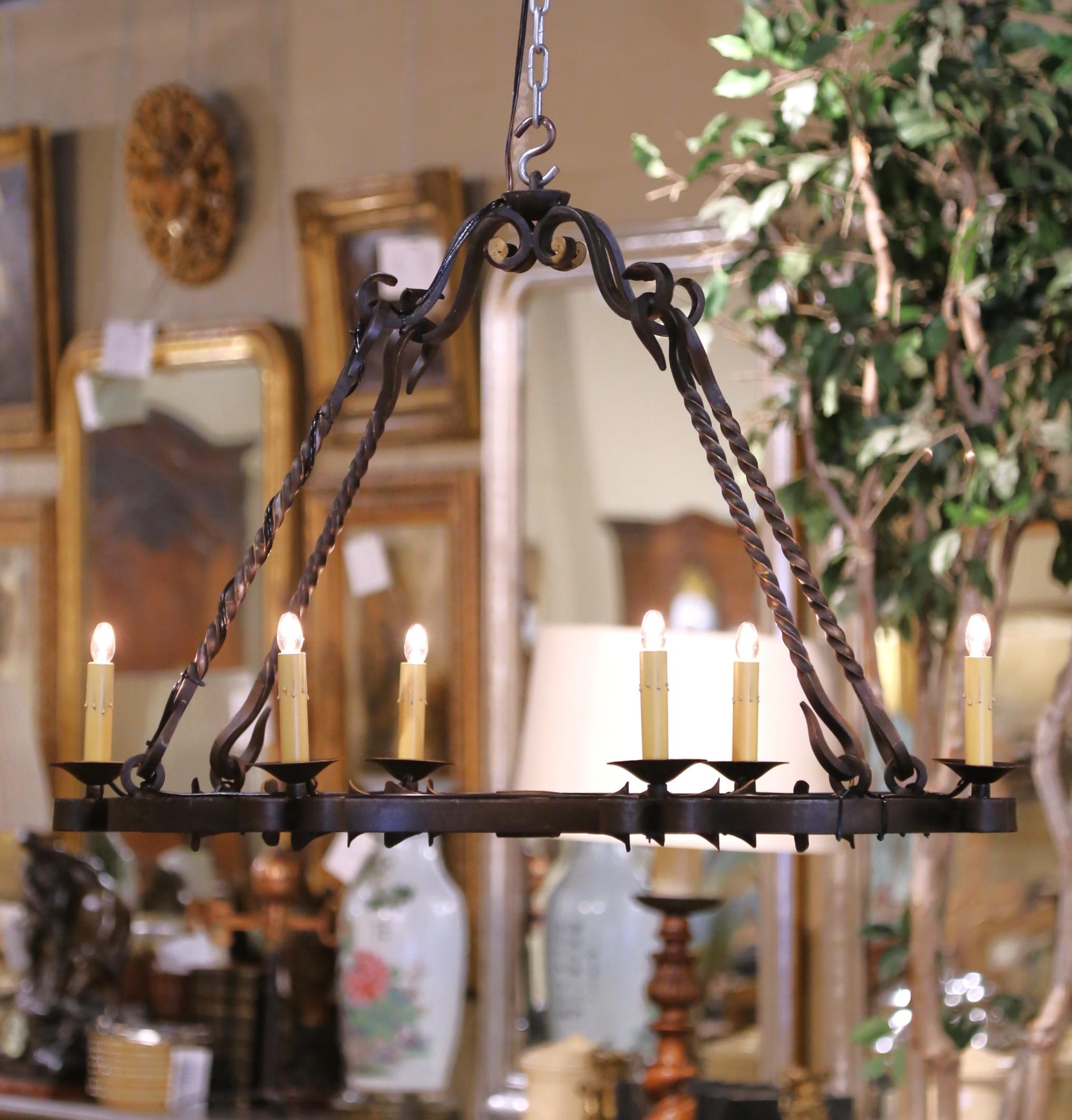 19th C. French Wrought Iron Chandelier Six-Light Chandelier with Gilt Accents In Excellent Condition For Sale In Dallas, TX