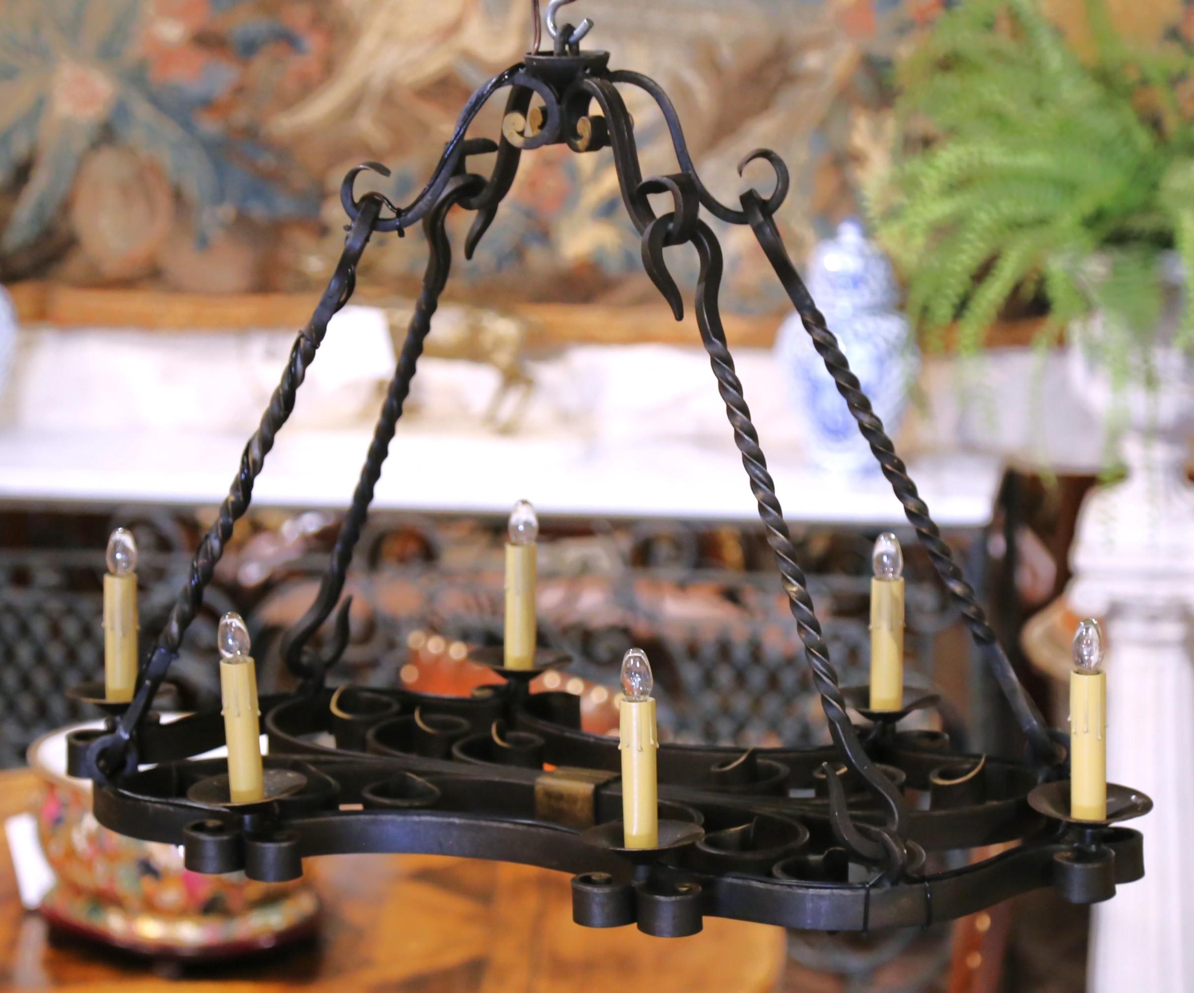 20th Century 19th C. French Wrought Iron Chandelier Six-Light Chandelier with Gilt Accents For Sale