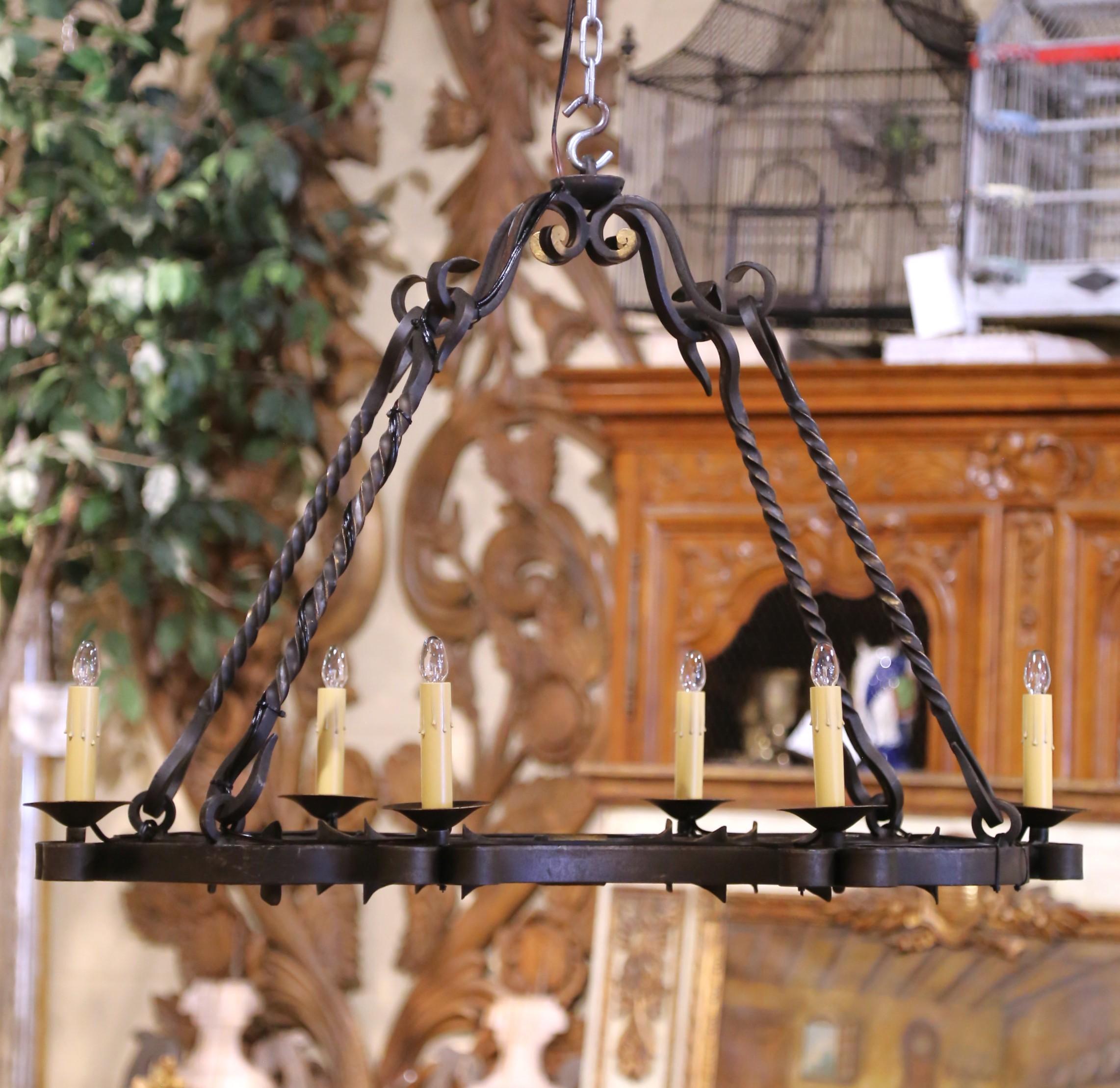 19th C. French Wrought Iron Chandelier Six-Light Chandelier with Gilt Accents For Sale 1