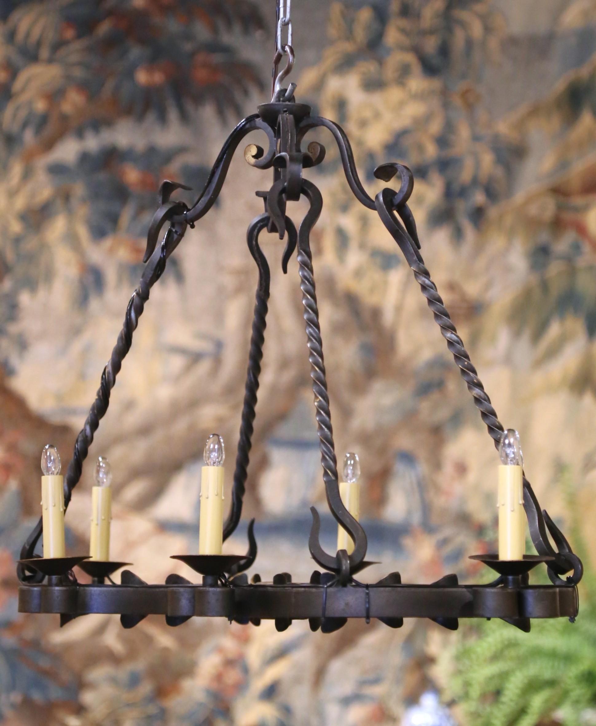 19th C. French Wrought Iron Chandelier Six-Light Chandelier with Gilt Accents For Sale 2