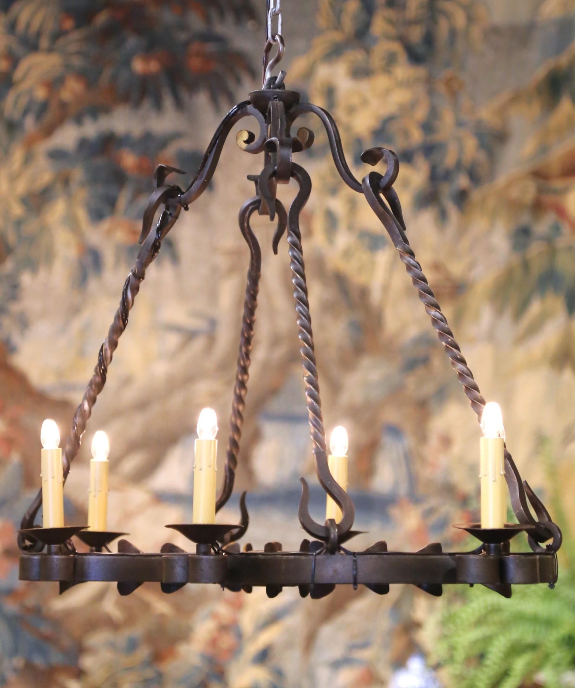 19th C. French Wrought Iron Chandelier Six-Light Chandelier with Gilt Accents For Sale 3
