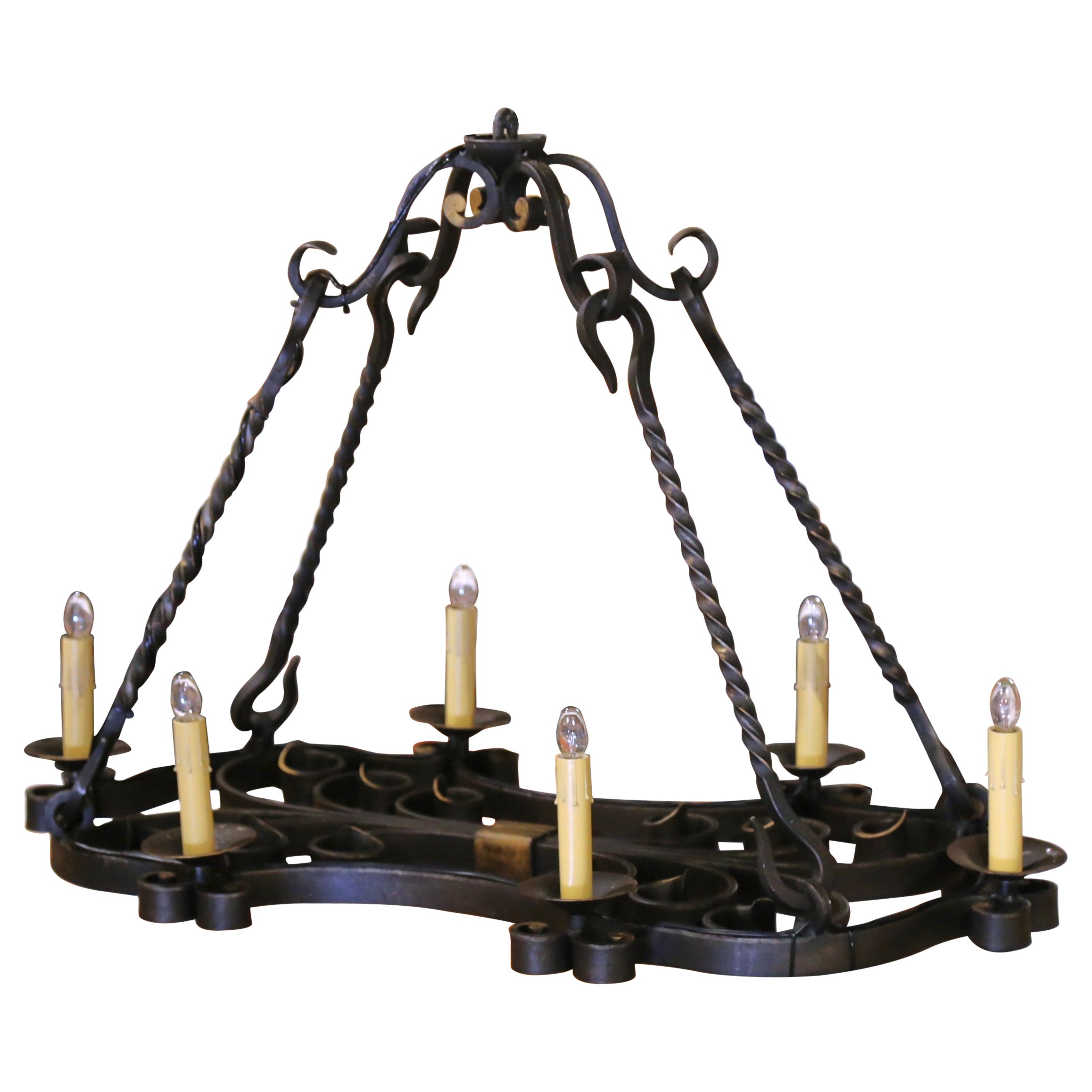 19th C. French Wrought Iron Chandelier Six-Light Chandelier with Gilt Accents For Sale