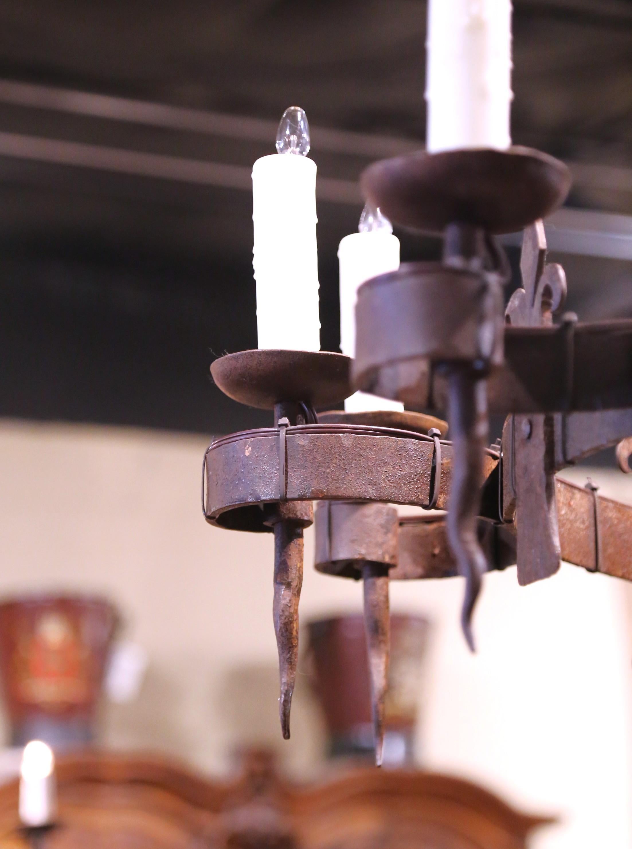 19th C. French Wrought Iron Twelve-Light Chandelier with Fleur-de-Lys Motifs For Sale 4