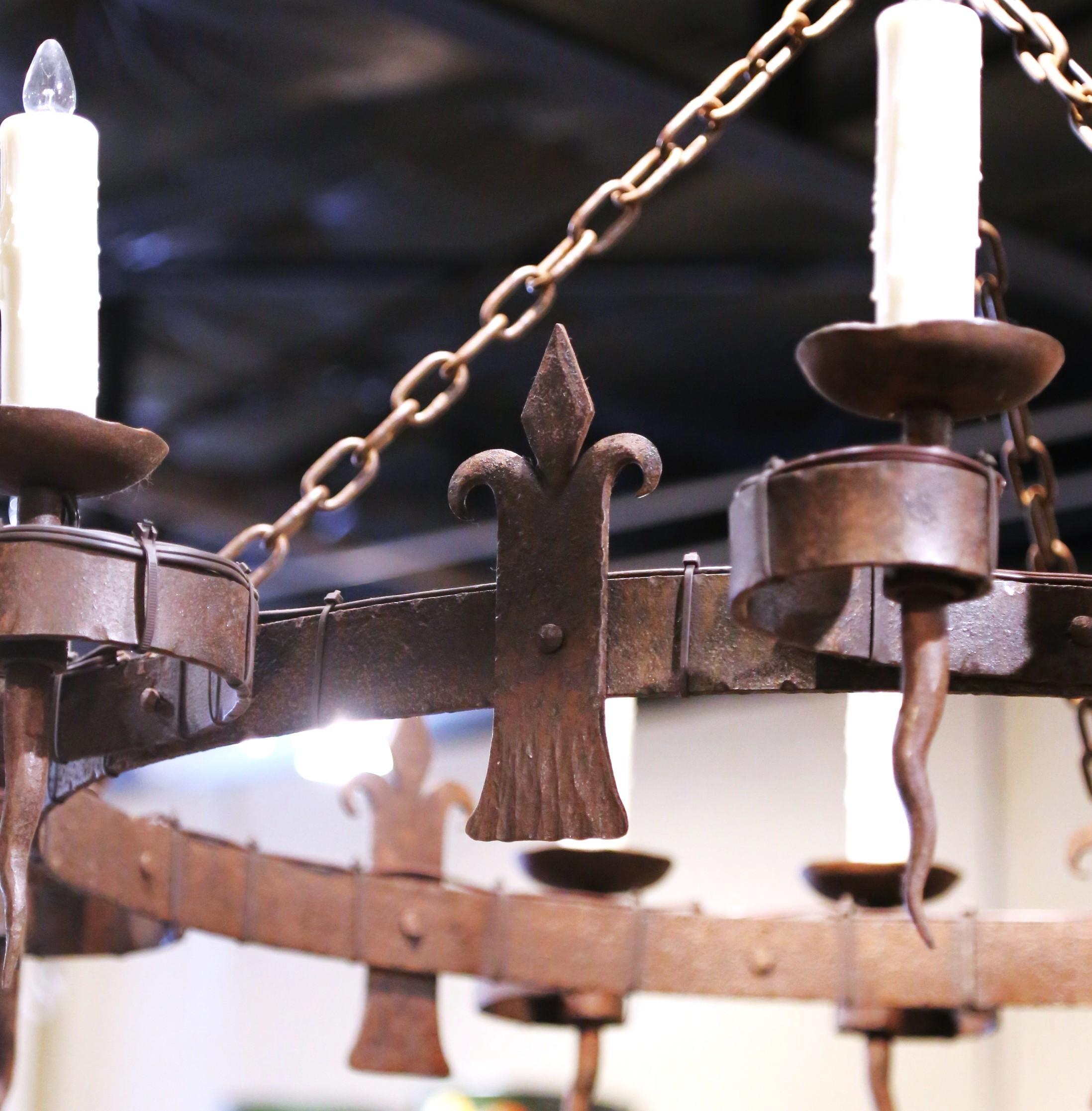 19th Century 19th C. French Wrought Iron Twelve-Light Chandelier with Fleur-de-Lys Motifs For Sale