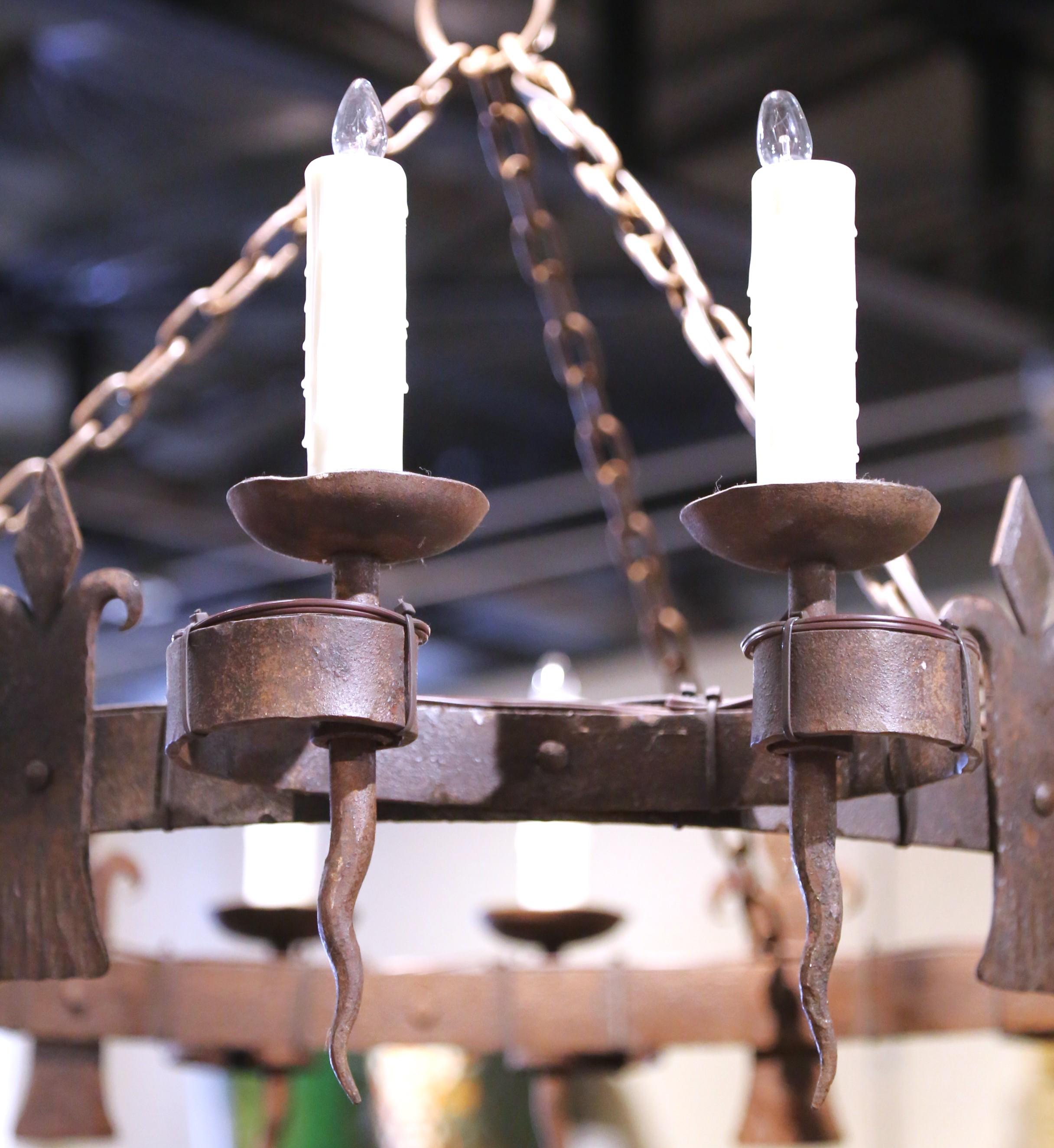 19th C. French Wrought Iron Twelve-Light Chandelier with Fleur-de-Lys Motifs For Sale 1